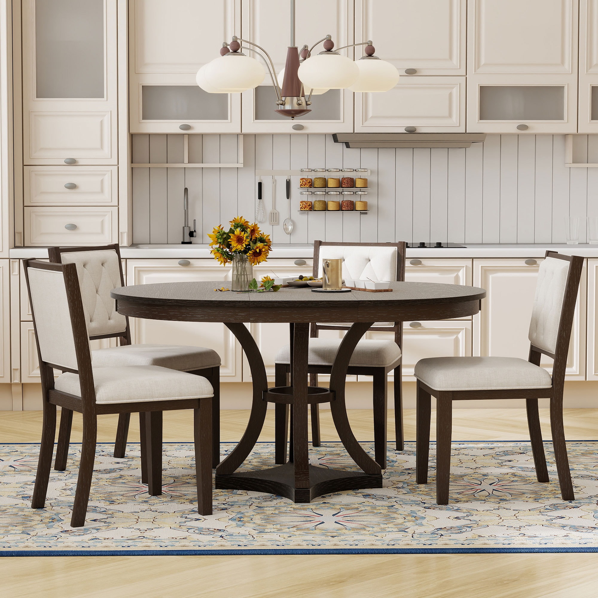 GDFStudio 343069 Retro 5 Piece Extendable Round Dining Table Set with 4 Upholstered Chairs Farmhouse Style Natural Espresso