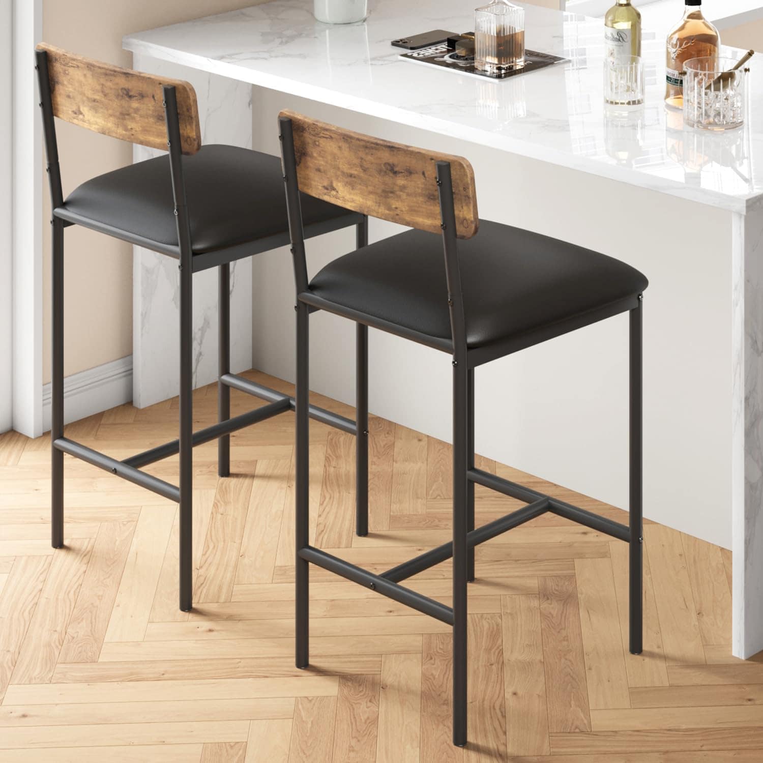 Garvee Set of 2 Retro Brown Counter Height Bar Stools with Back Upholstered Wider Seat and Footrest Dining Chairs for Kitchen Island Bars Counter and Dining Room Easy Assembly