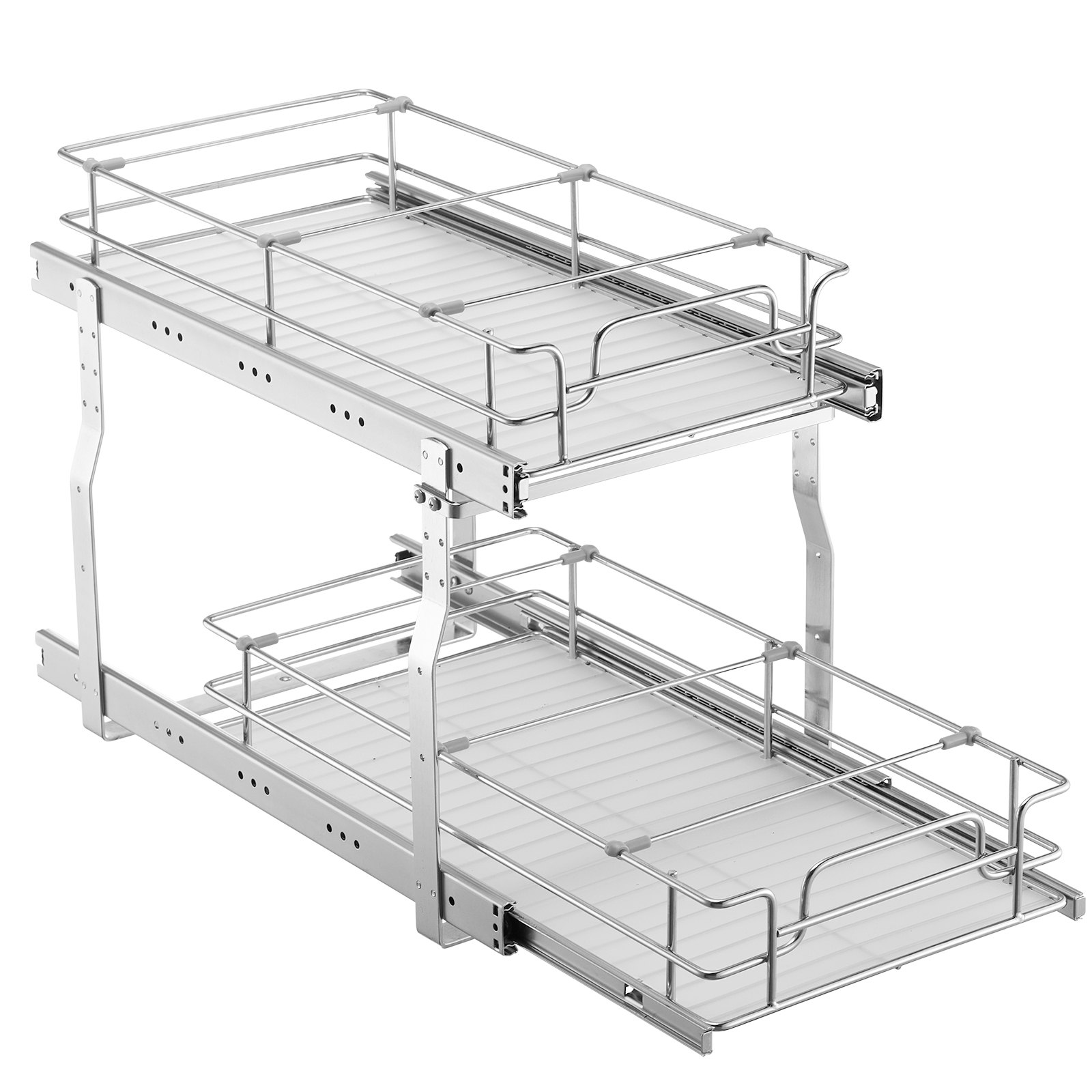 Mecale Chrome-Plated Steel 2-Tier Pull-Out Cabinet Organizer Slide-Out Pantry Shelf for Under-Sink Storage Silver