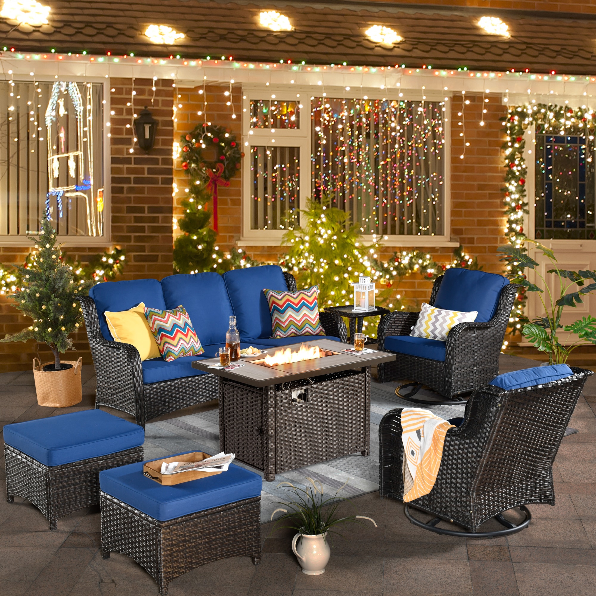 Pouuin SRFPNTC60-7 7 -Piece Wicker Patio Sofa Conversation Set with Navy Cushions