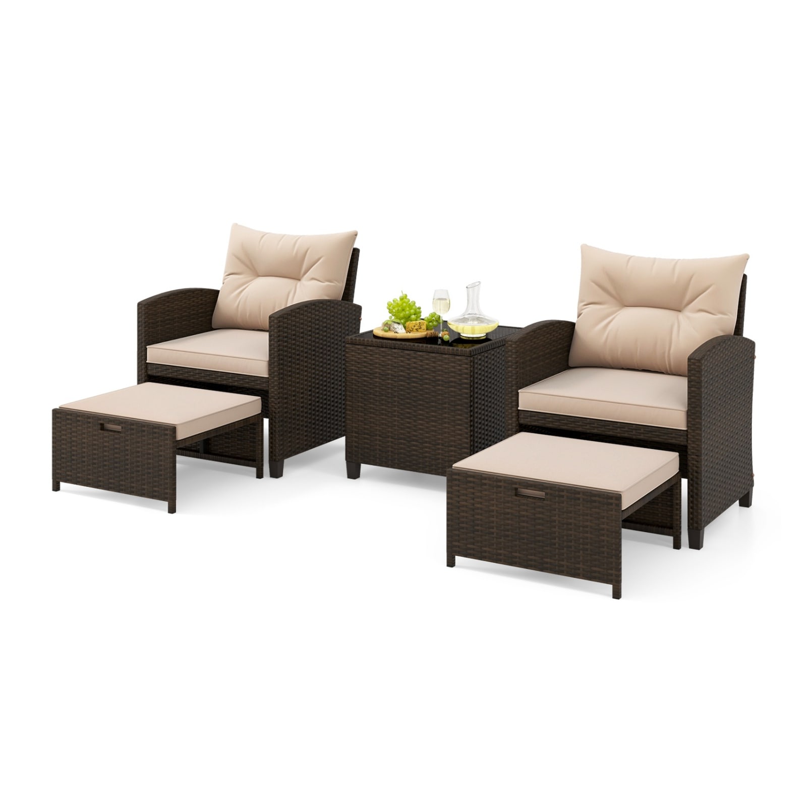 Volenca 5-Piece PE Rattan Patio Conversation Set with 2 Tuck-Under Ottomans and Glass Table Brown #VOL-JGXAA2