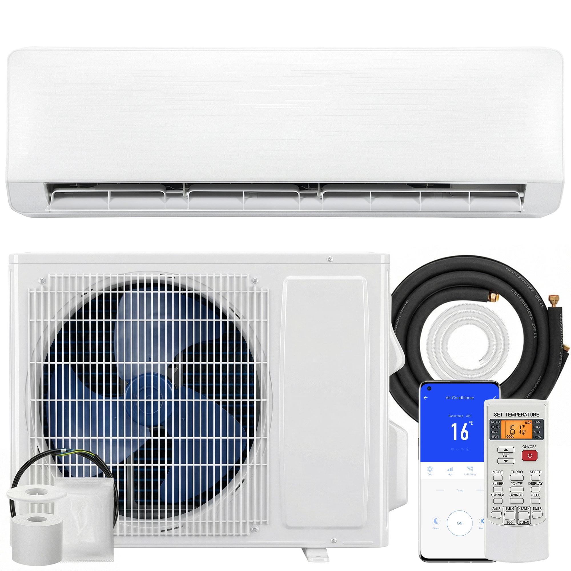 HomCom  18000 BTU Mini Split Air Conditioner and Heat Pump 22 SEER2 230V WIFI Enabled Energy Efficient Ductless Inverter AC Unit Cools up to 1250 Sq.Ft Works with Alexa with Installation Kit