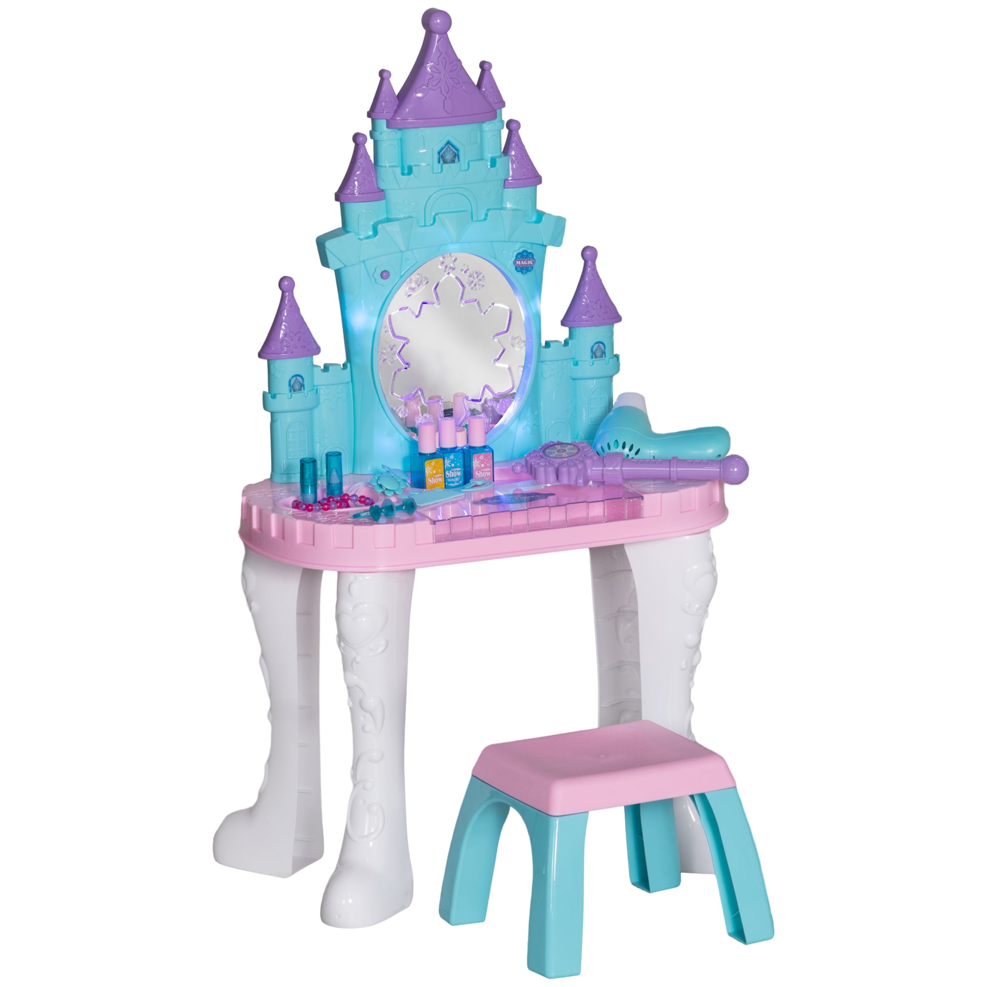 LOVMOR SF-H-W2225P249751 Kids Vanity Set with Mirror and Stool Castle Design Makeup Table with Light Music Hair Dryer 18 Accessories Girls Pretend Play Toys for 3-6 Years Multicolor
