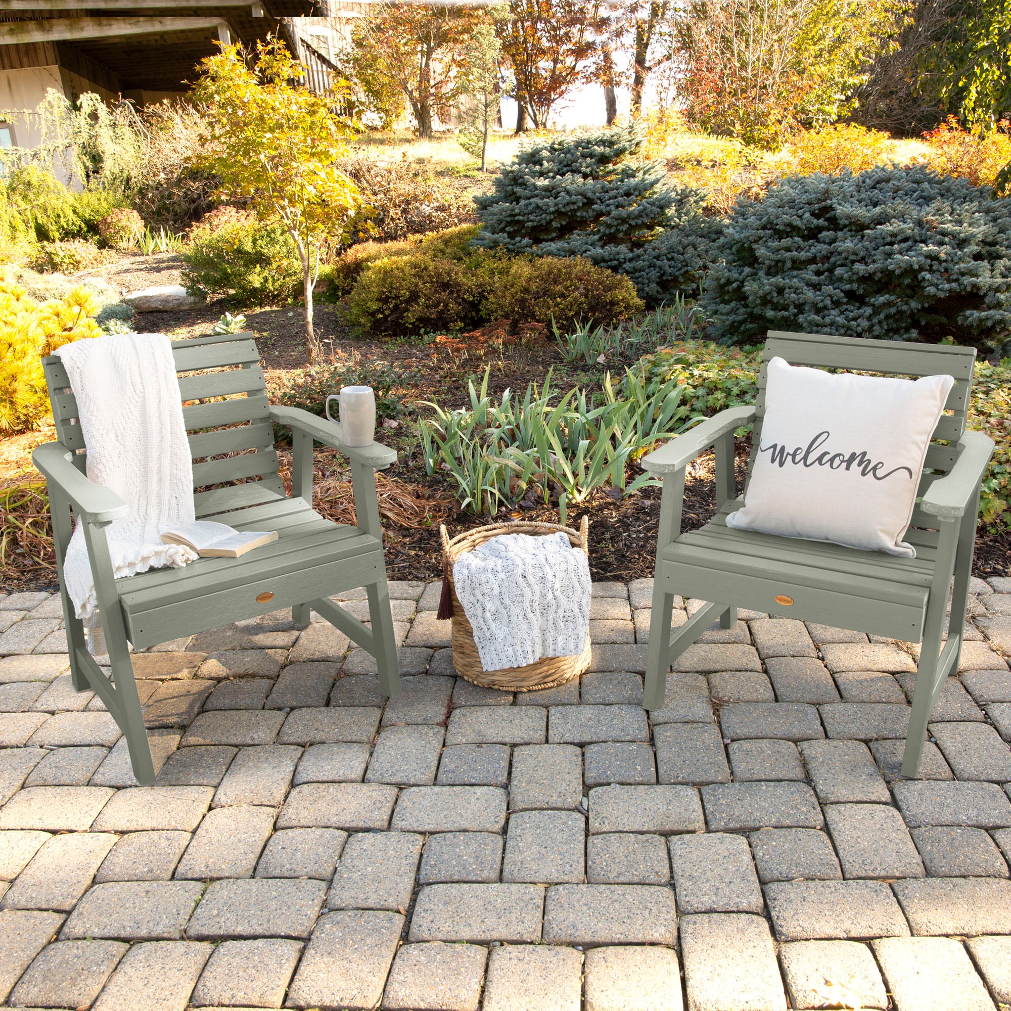 highwood AD-KITCHGW3-EUC The Weatherly Set of 2 Eucalyptus Poly-lumber Frame Stationary Balcony Chair with Slat Seat