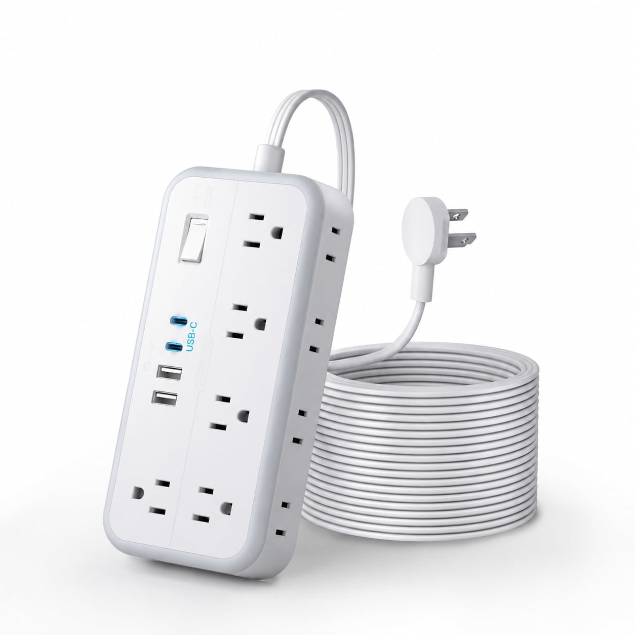 Ahfiwaso  Flat Extension Cord 15 FT Power Strip with 10 Widely Spaced Outlets 4 USB Ports Including 2 USB C Overload Protection Wall Mountable