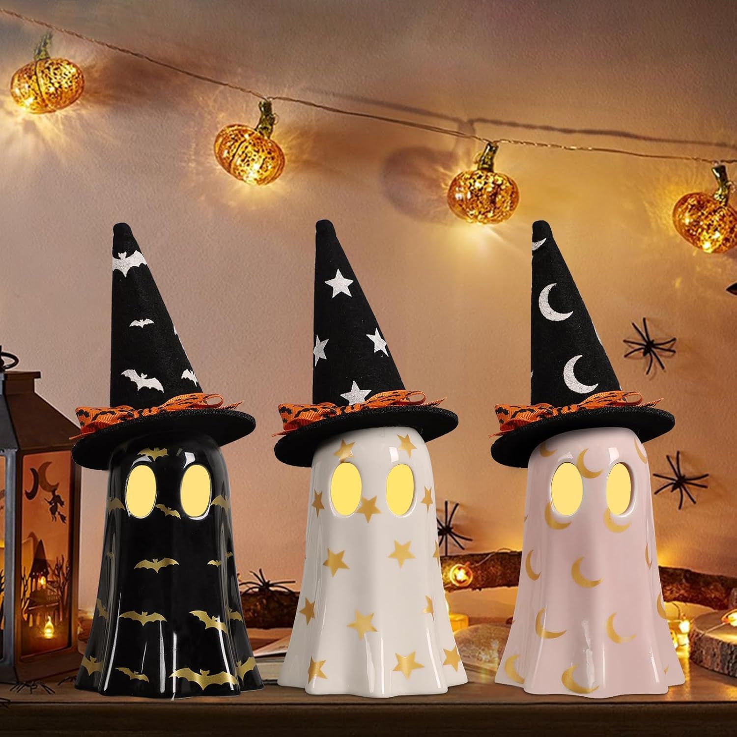ROSMENA Set of 3 Ceramic Ghost Figurines with Witch Hats for Halloween Table Decor