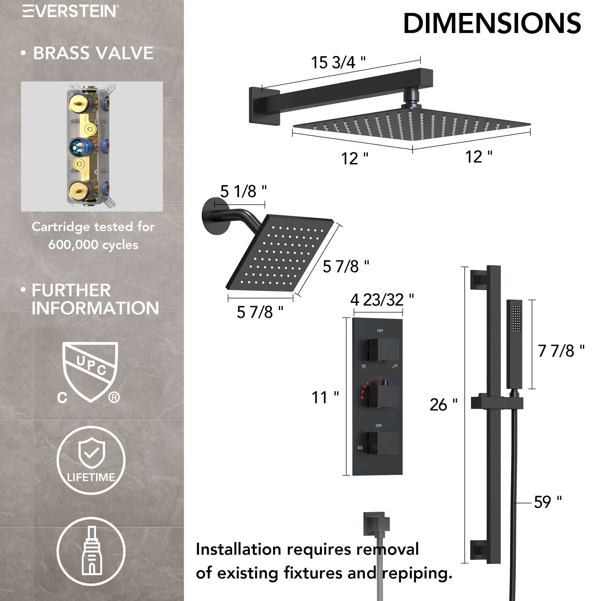 EVERSTEIN SFS-1016A-BK12 Showerhead-Bar-Panels - View #11