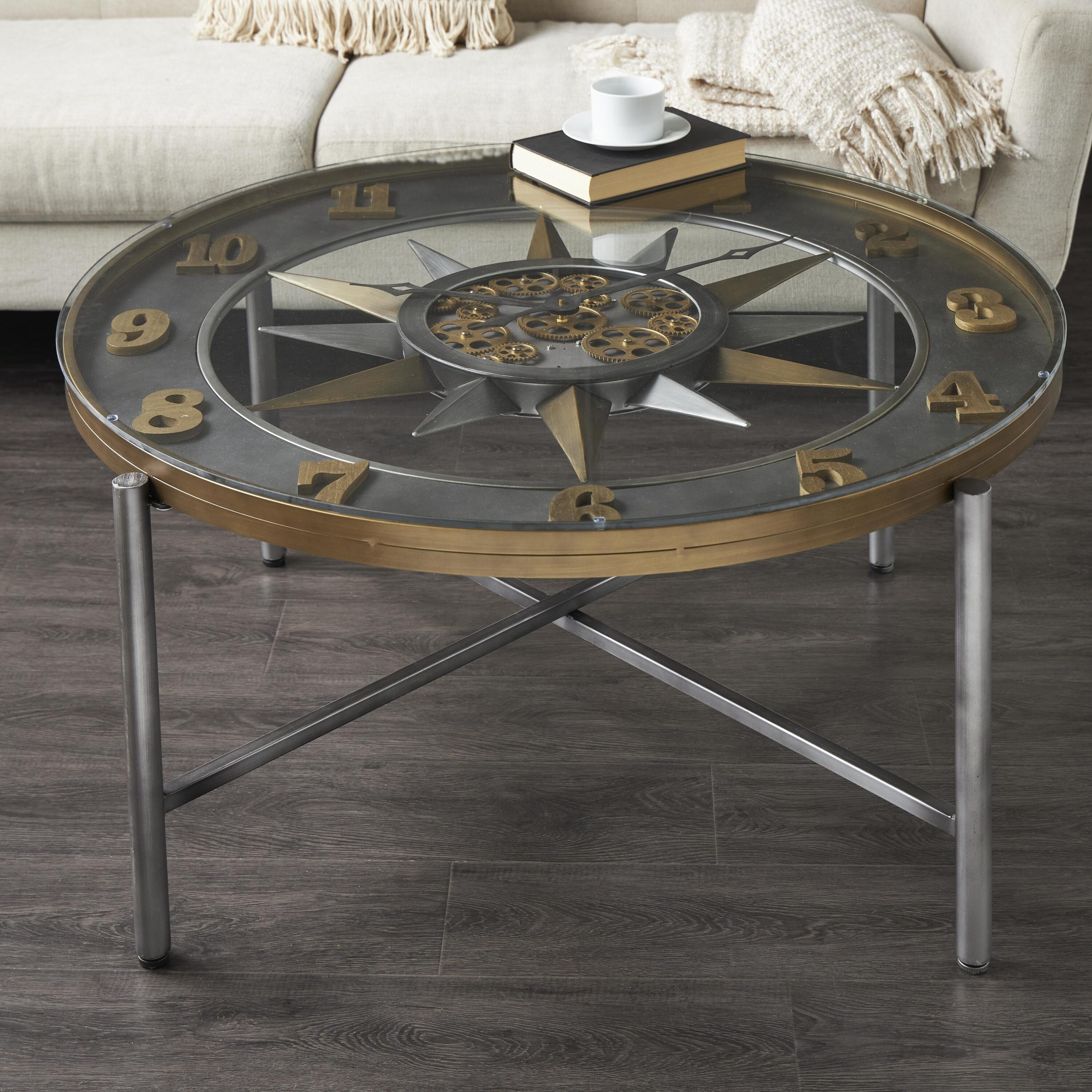 Grayson Lane 822138 19" Silver Compass Inspired Glass Modern Coffee Table