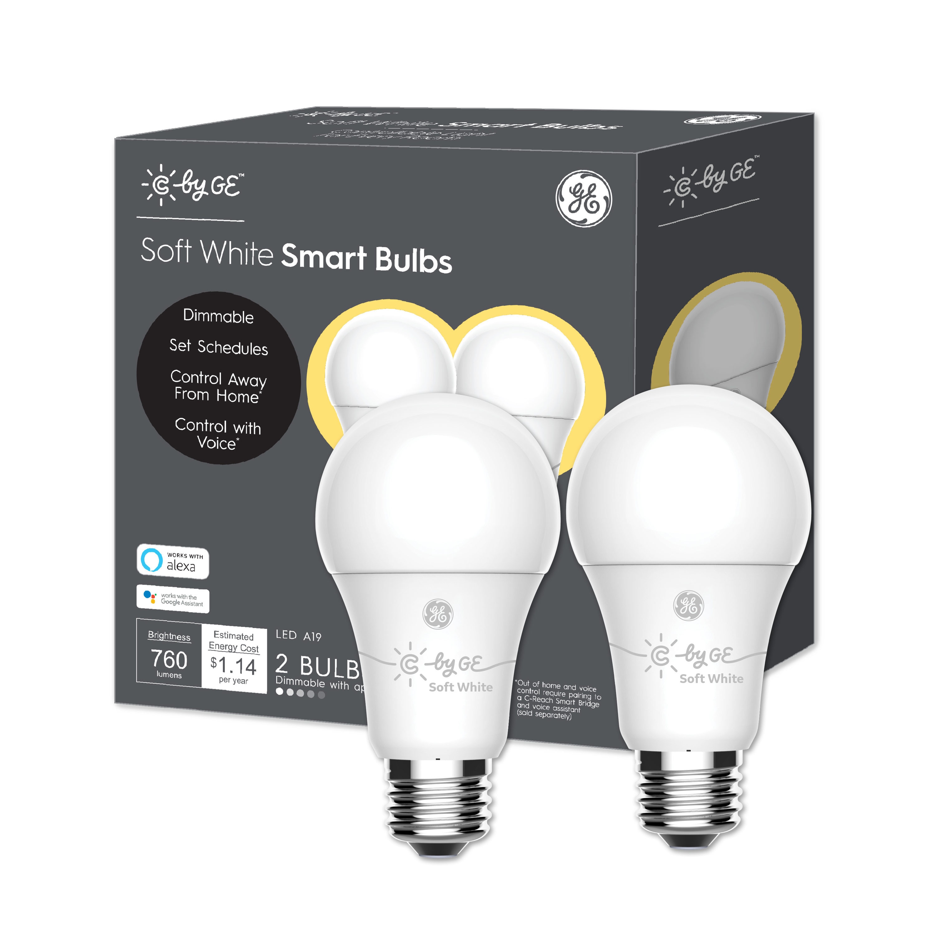 C by  Smart 60-Watt EQ A19 Soft White Medium Base (E-26) Dimmable Smart LED Light Bulb (2-Pack) | - GE 93096312