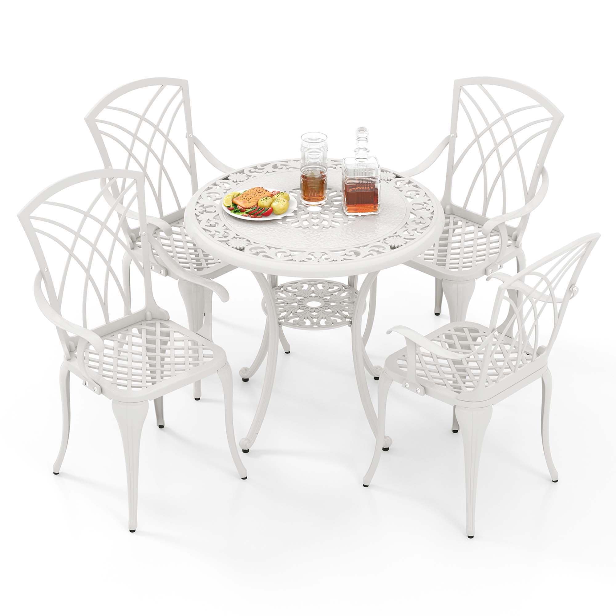 Costway LWS00126 5 -Piece White Patio Dining Set Aluminum Round Table with 4 Stationary Chairs