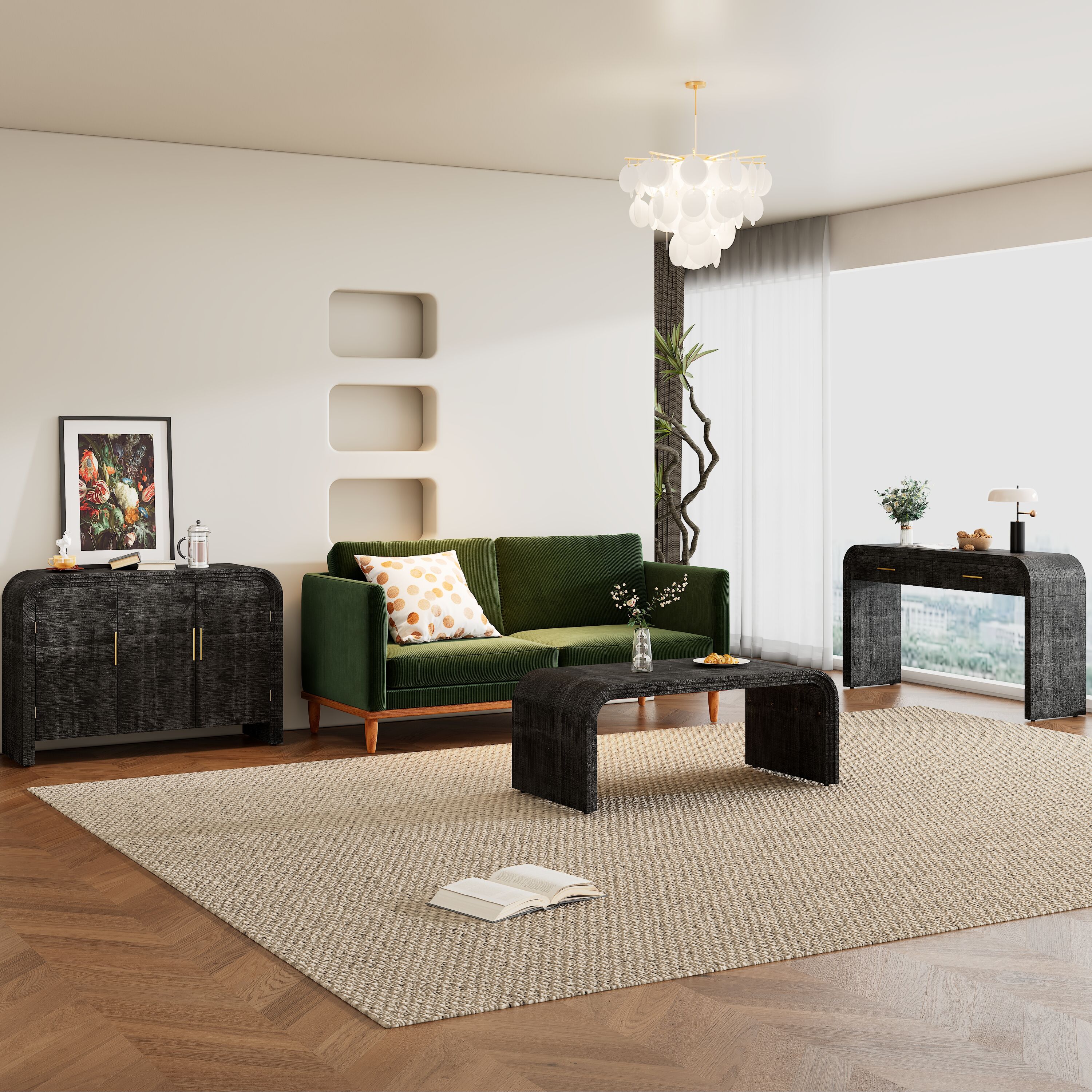 ModernLuxe XW000016AAB Unique Retro Silhouette ThreePiece Set Containing Sideboard Console Table and Coffee Table Suitable for Dining Room Living Room and Entrance Antique Black