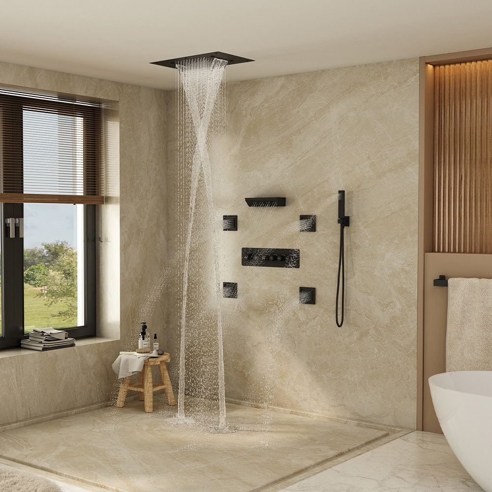 CASAINC KCHS0025-MB Matte Black 15.7-in Waterfall Built-In Shower Faucet System with 4-way Diverter ( Thermostatic Valve Included )