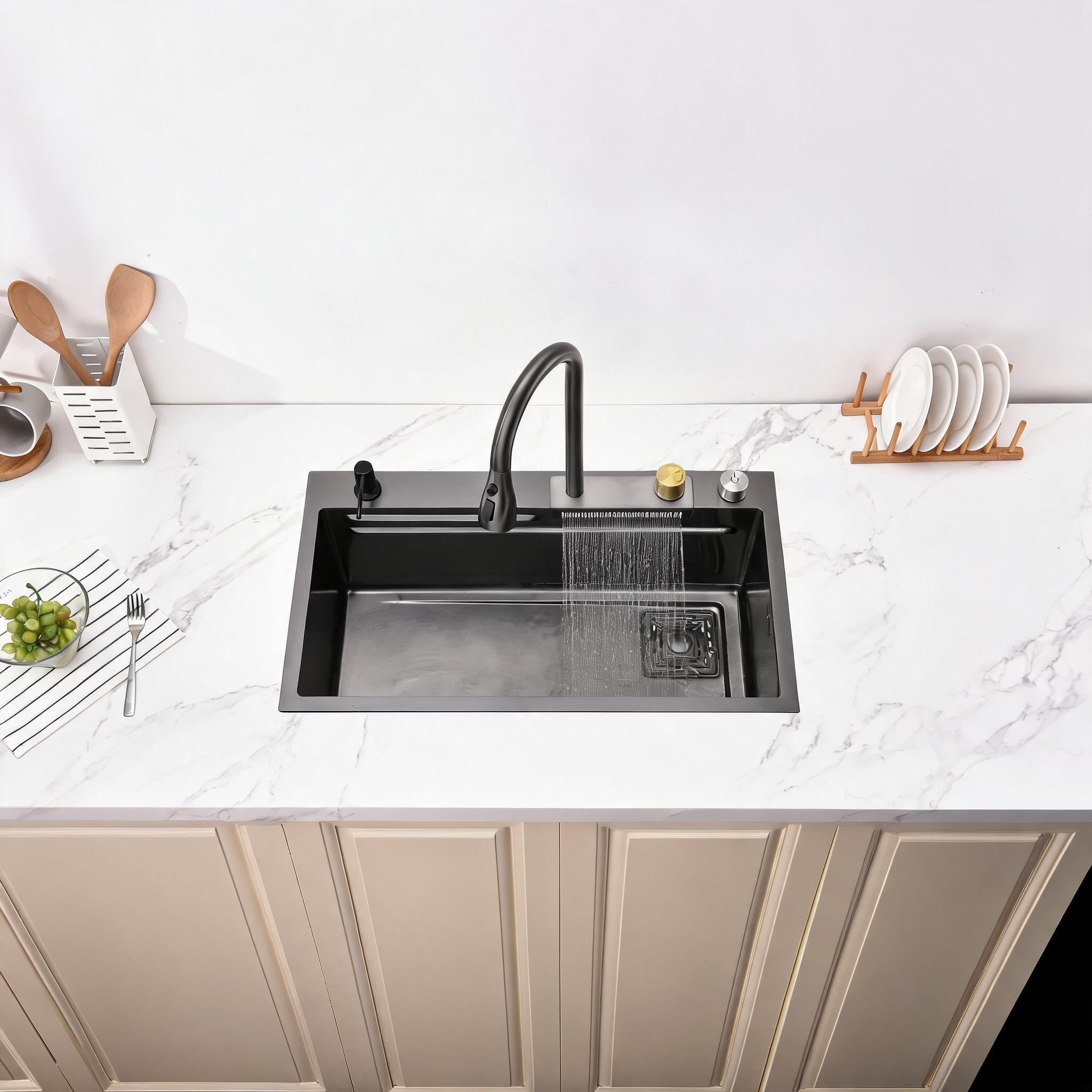 LIVACA 30 inch x 18 inch Black Stainless Steel Waterfall Kitchen Sink with Multifunctional Workstation and Flying-rain Faucet