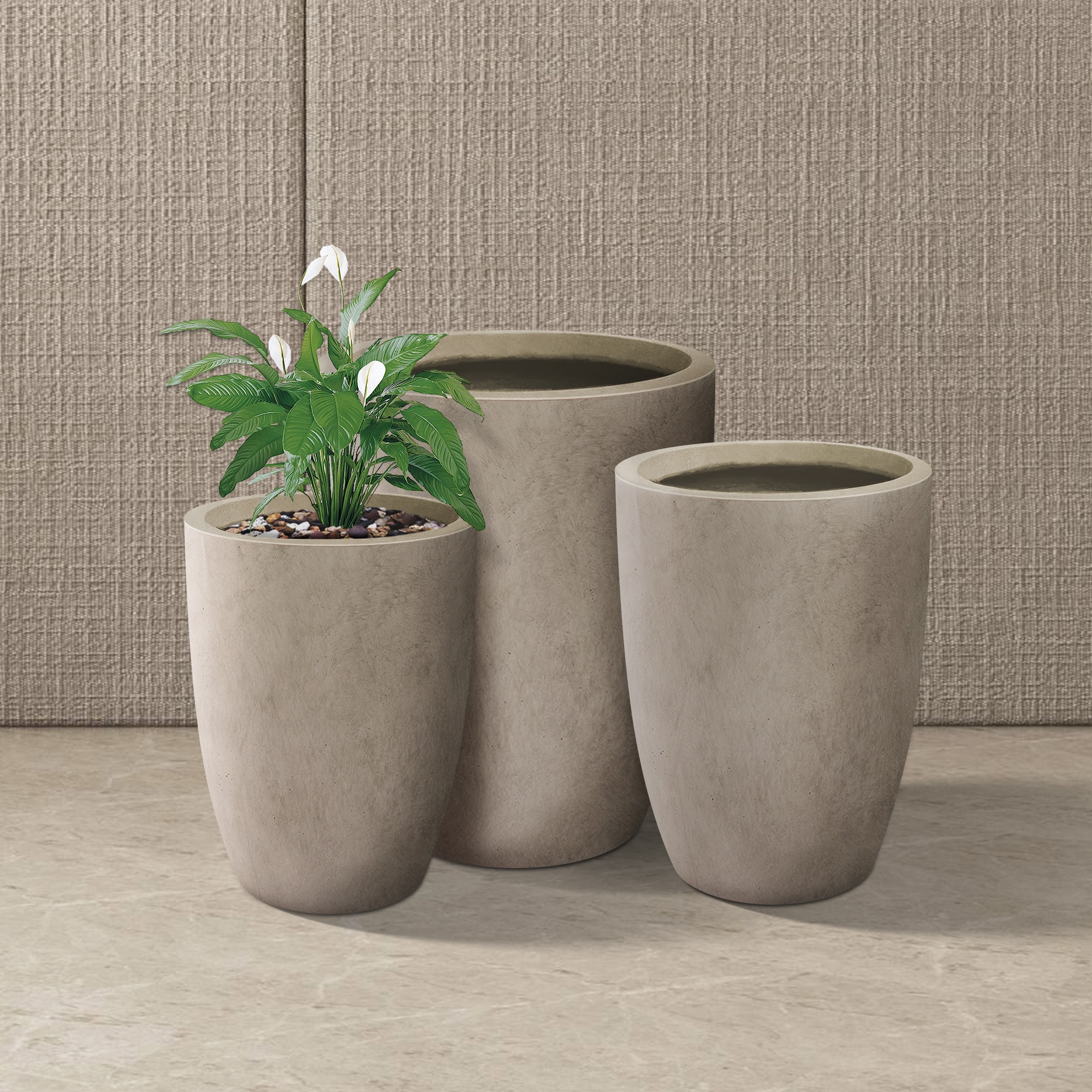 Weathered Gray Tall Round Concrete Planters Set of 3