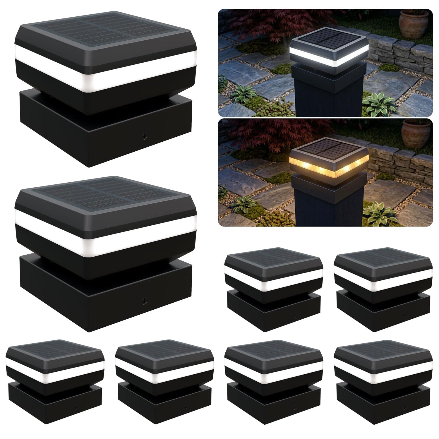 AKSCYZM  Modern Solar Post Cap Lights 8 Pack Dual Mode LED Warm and White Light for 2x2 2.5x2.5 3x3 Posts Waterproof IP65 Outdoor Deck Fence
