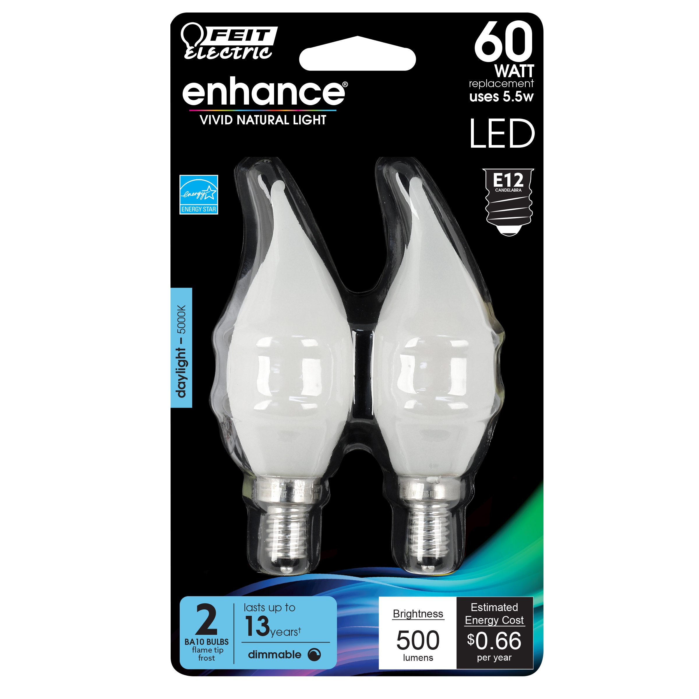 Feit Electric BPCFF60950CAFIL/2/RP LED Filament 60 -Watt EQ CA10 Daylight Candelabra base (E-12) LED Decorative Light Bulb 2 -Pack