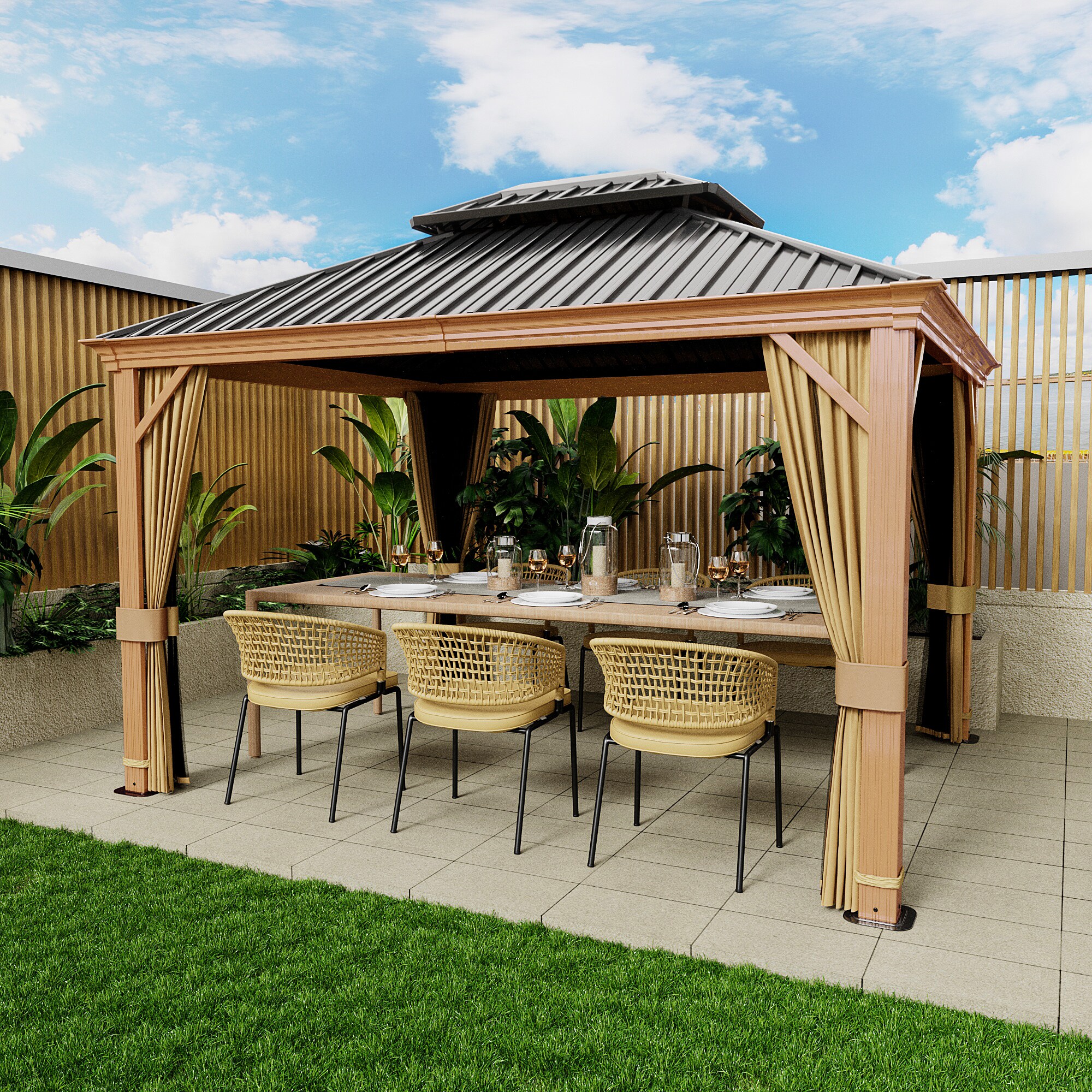 11.9-ft x 9.8-ft Beige Metal Rectangle Gazebo with Steel Roof in the Gazebos  department at