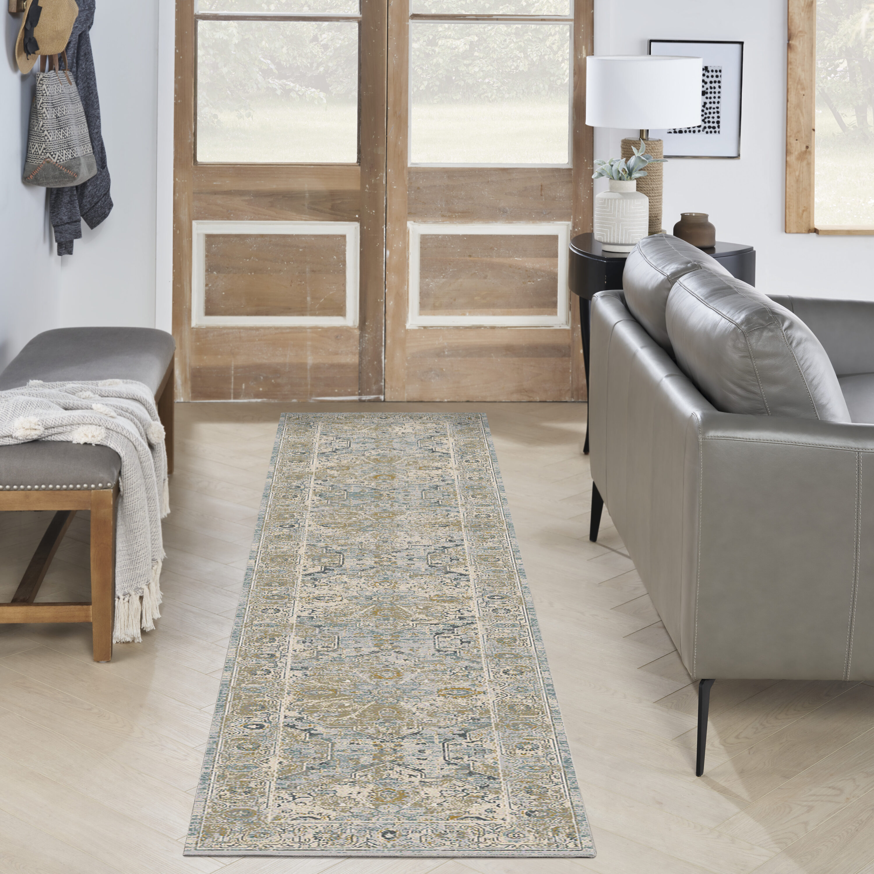 Nourison Home 099446923417 2 x 10 (ft) Loomed Light Blue Rectangular Indoor Distressed/Overdyed Bohemian/Eclectic Runner rug