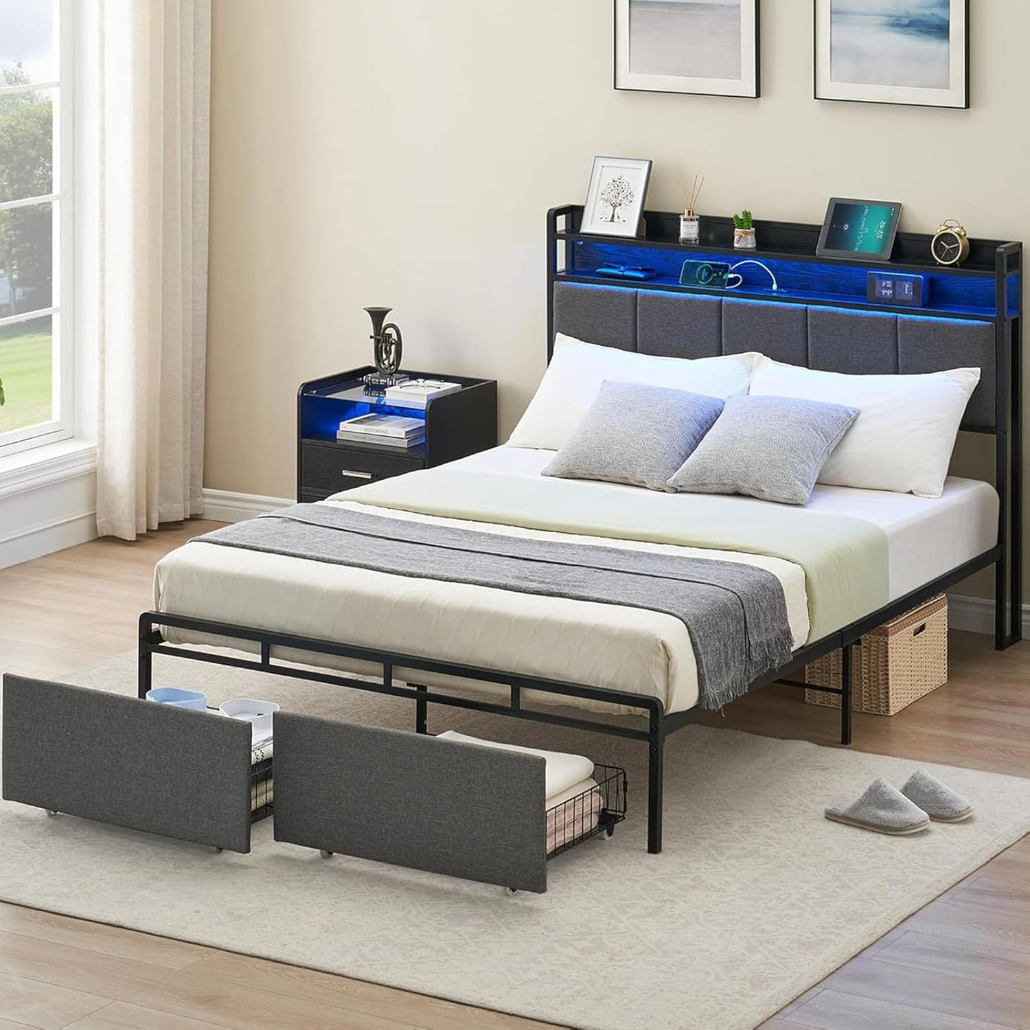 Qeetex LHF-BED-PHO-10MATSLU Queen Size Bed Frame with Storage Headboard LED Lights Platform Bed Frame with Charging Station Metal Bed Frame with 2 Drawers No Box Spring Needed Noise-Free Easy Assembly Black