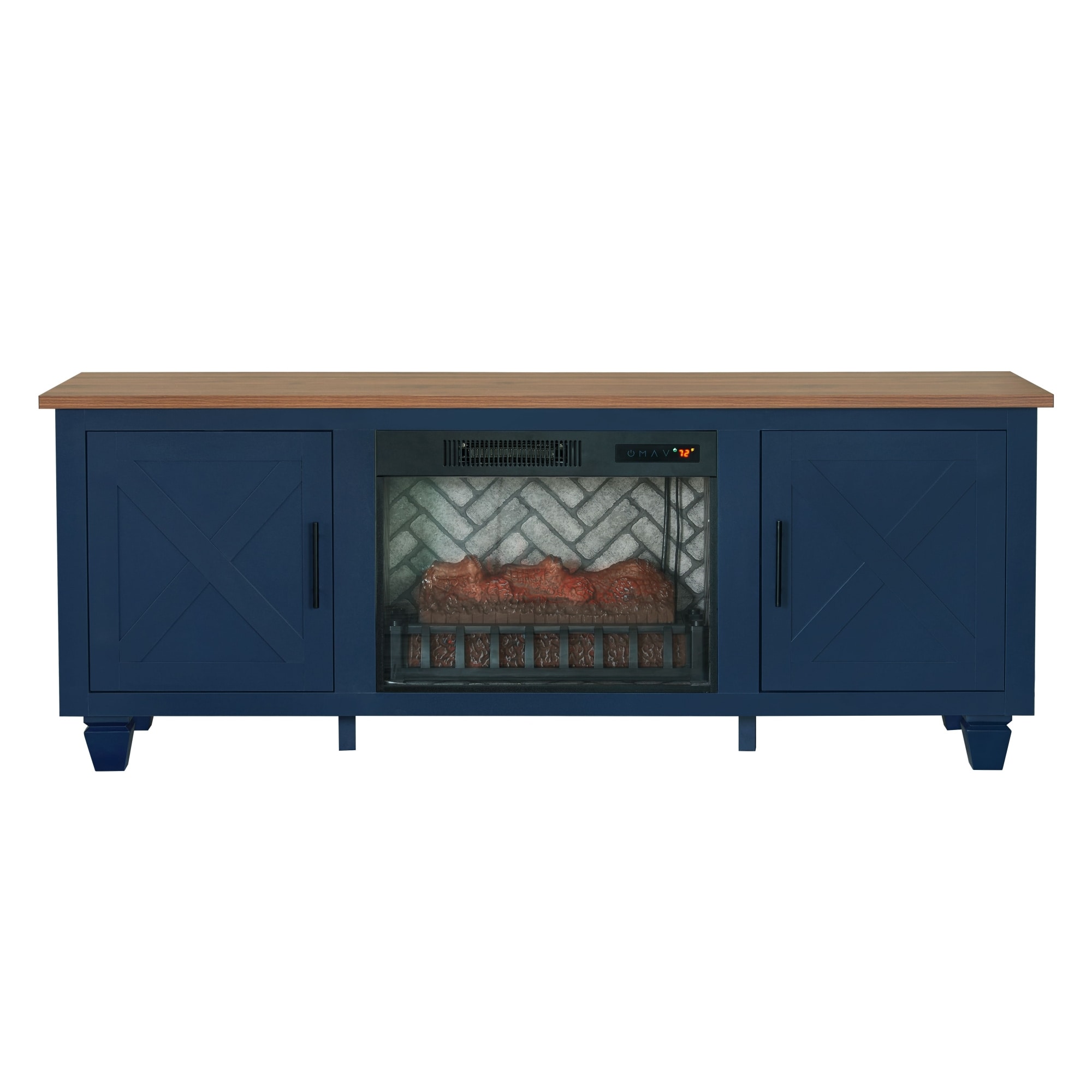 Boyel Living 1pc Media Console Blue Built-in Electric Fireplace Flame Ember Effect Side Cabinet Adjustable Shelves Cord Holes Log Grate Display