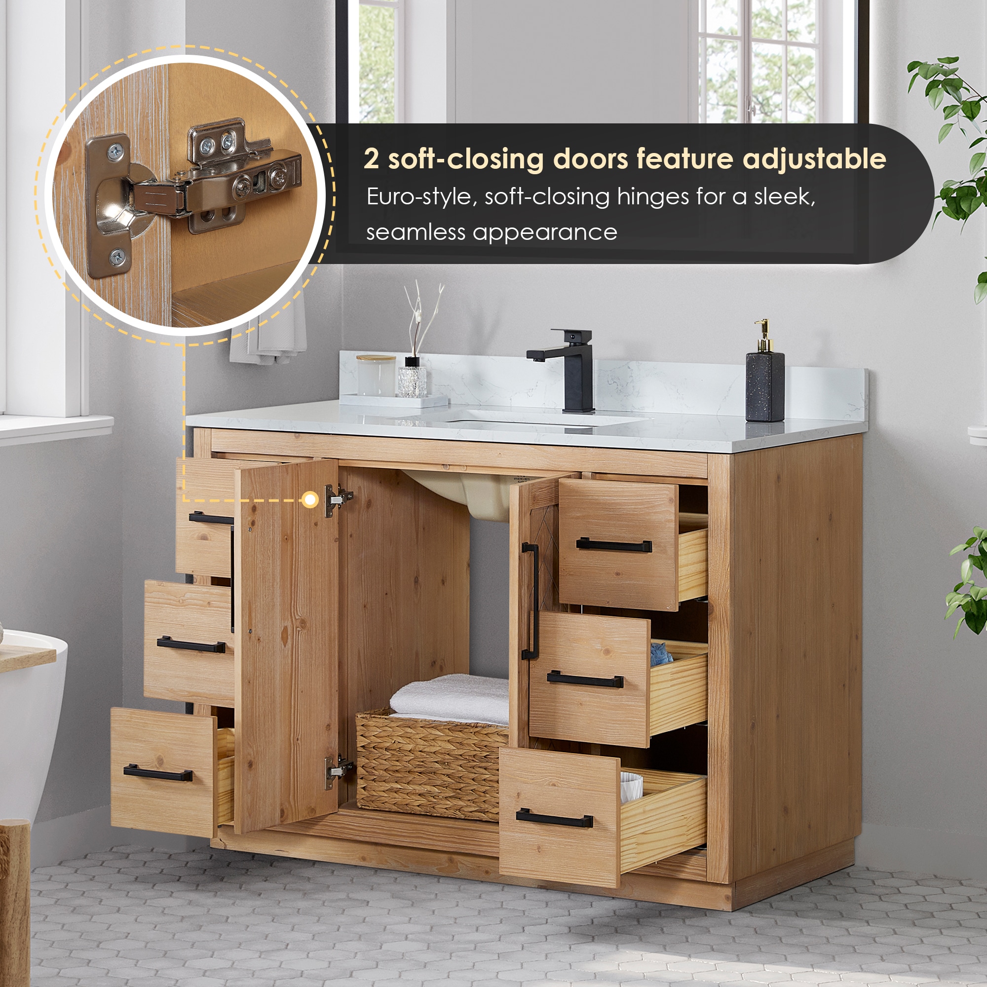 Anais Light Brown Wood Bathroom Vanity with White Stone Countertop, 48 inch