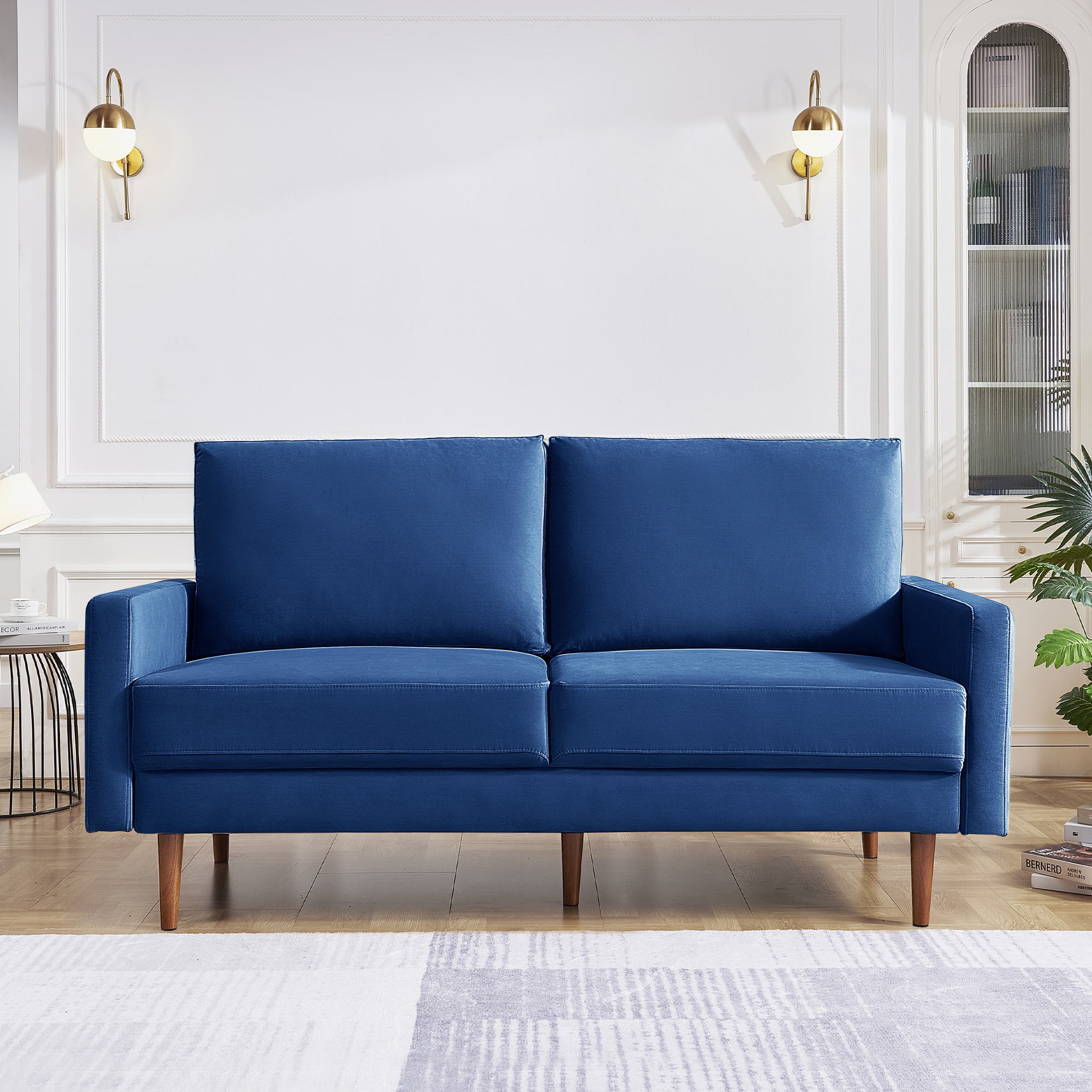 69 Inch Blue Velvet Sofa with Removable Cushions and Wood Legs