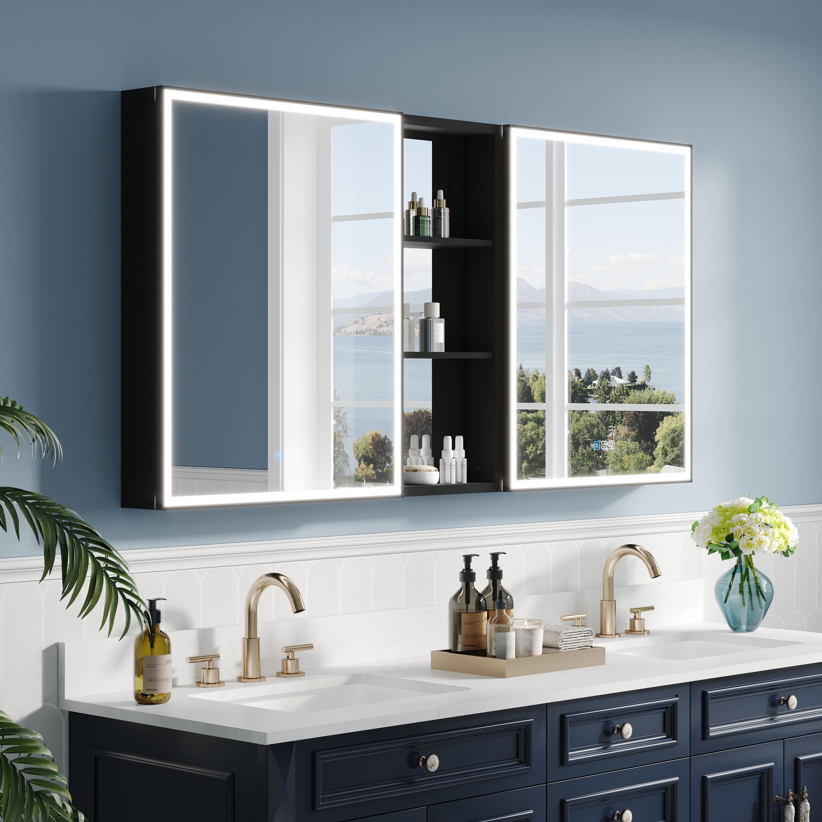 CALVON RC12-2430LR-MC Amelia LED Lighted Medicine Cabinet 60-in x 30-in Lighted LED Fog Free Surface/Recessed Mount Black Mirrored Rectangle Soft Close Medicine Cabinet with Outlet