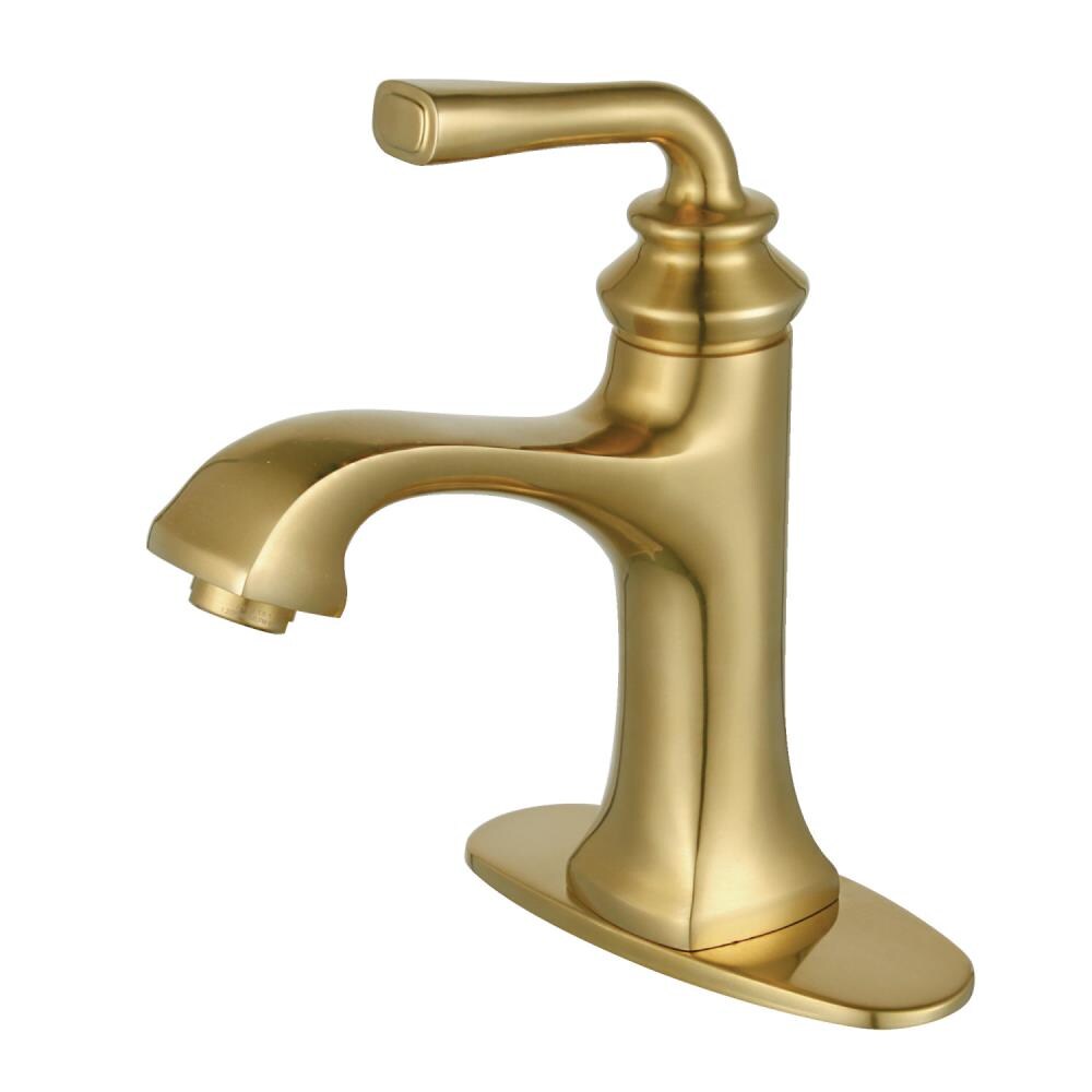Kingston Brass WLLS4423RXL Restoration Brushed brass 4-in centerset 1-handle Mid-arc Residential Handle Bathroom Sink Faucet with Drain with Deck Plate