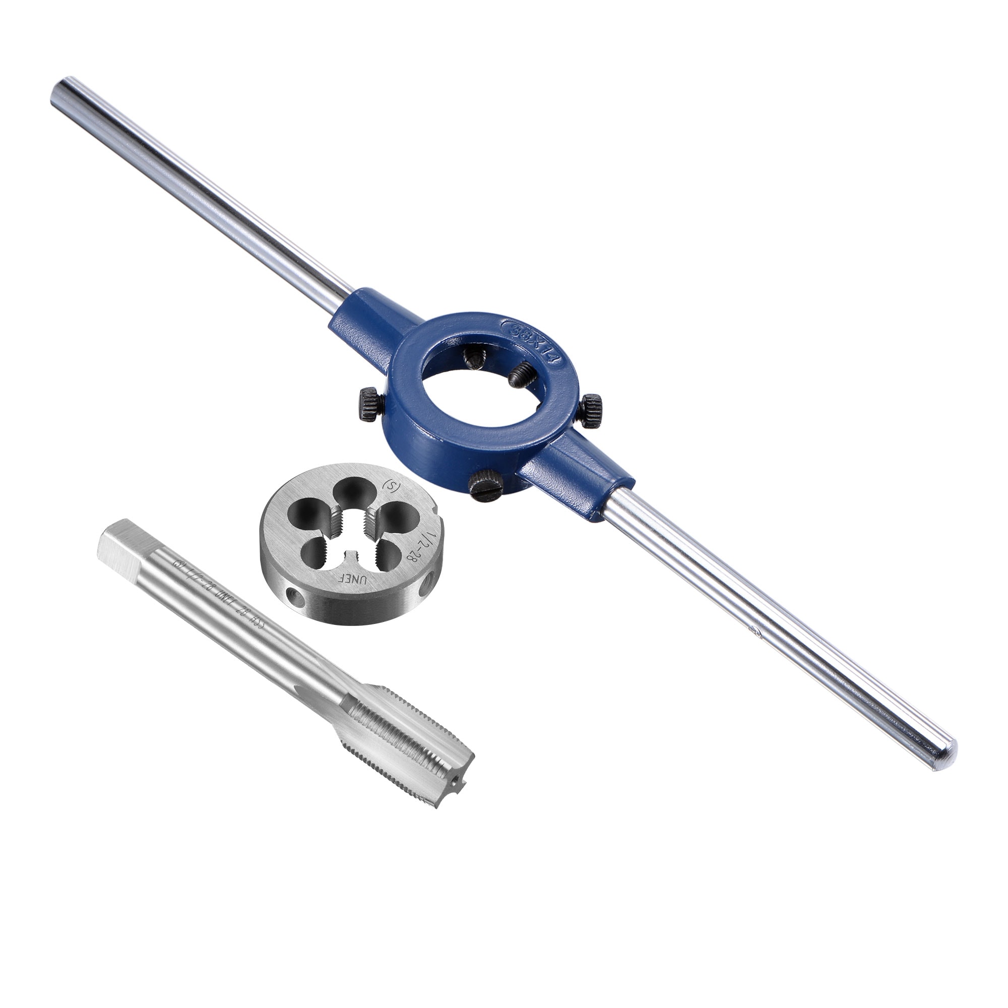 Unique Bargains 1/2-28 UNEF Tap and Die Set with 38mm Round Die Stock Handle Wrench High Speed Steel Machine Thread Tap and Round Die Threading Tool