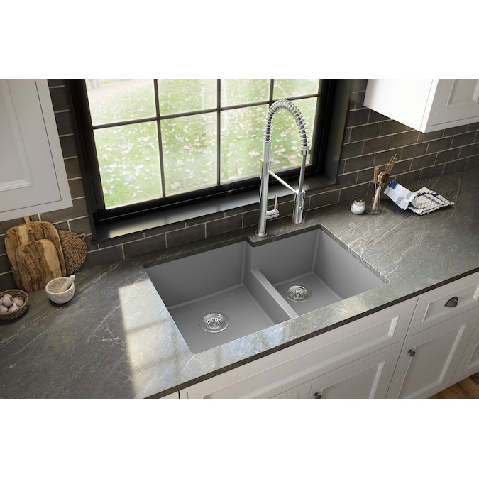 Karran Quartz Undermount 32 In X 21 25 In Grey Double Offset Bowl Kitchen Sink In The Kitchen Sinks Department At Lowes Com
