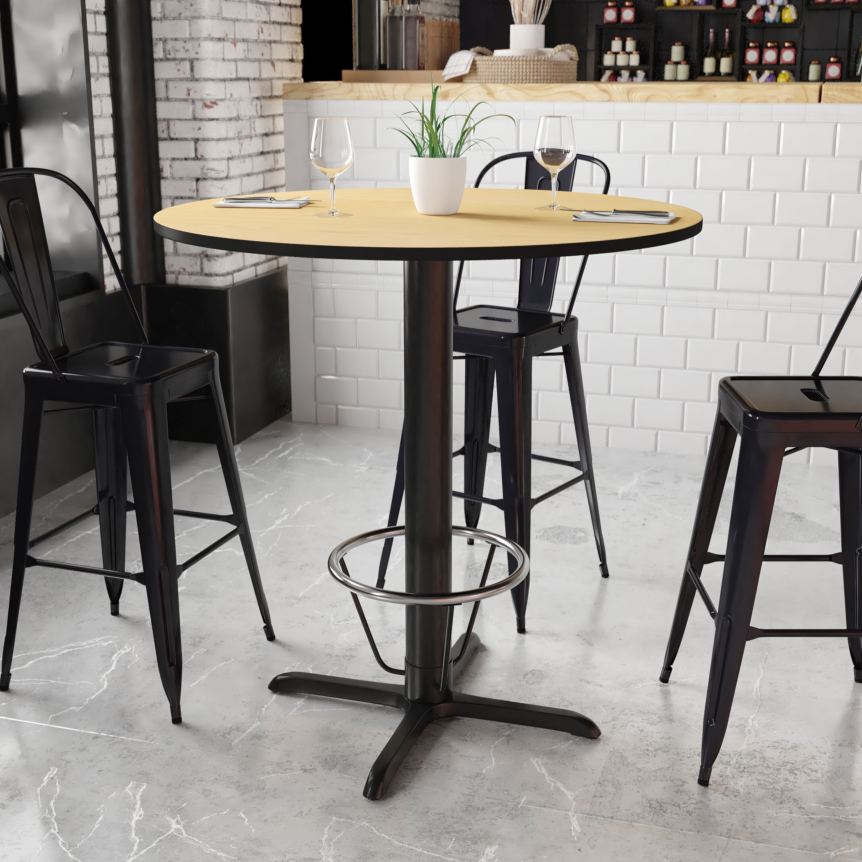 Flash Furniture 889142218432 Natural Round Contemporary/Modern Bar Table, Wood veneer with Black Metal 42-Inches L x 43.13-Inches H