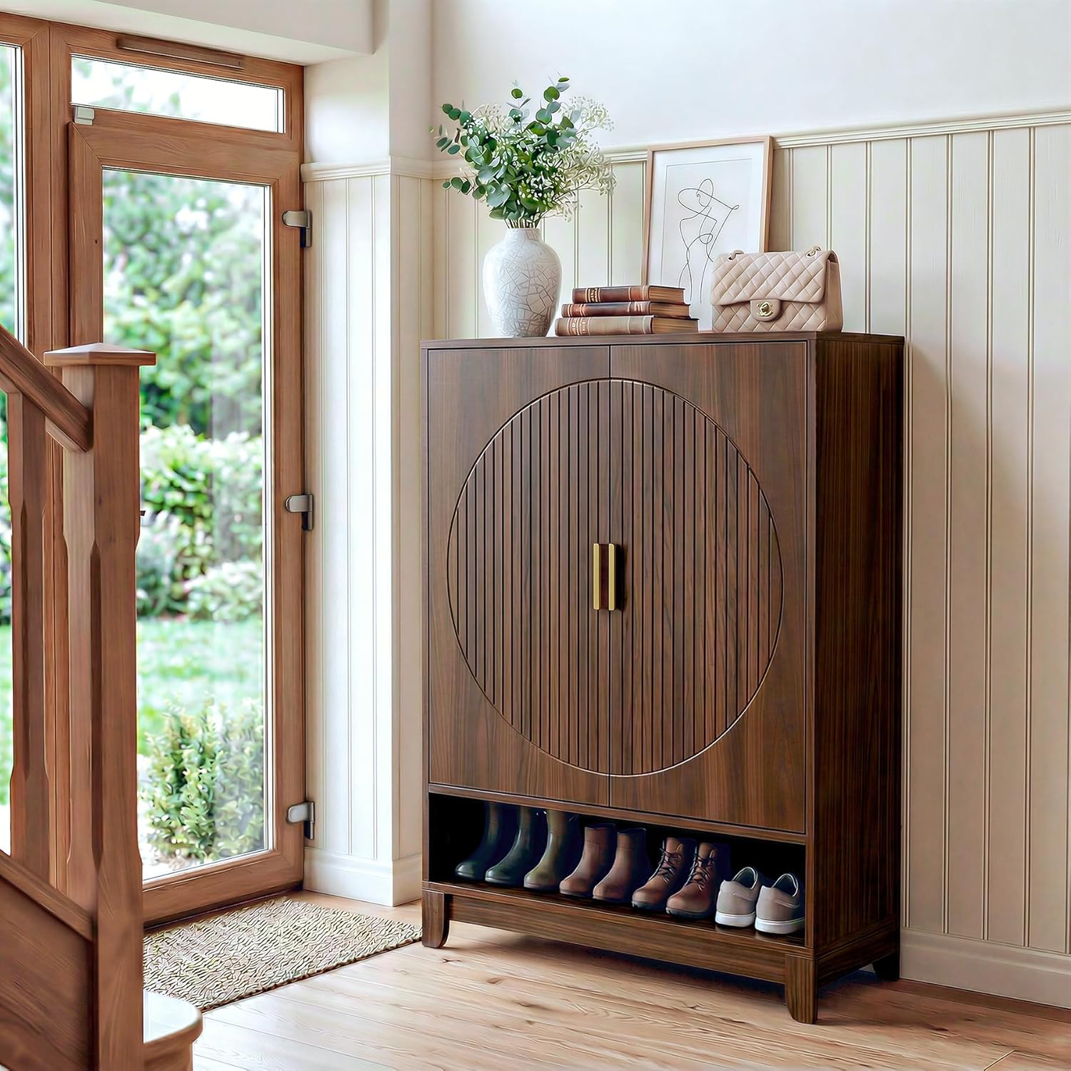 Tribesigns 43.3 inch H 6 Tiers 24 pair Brown Shoe Cabinet with Doors and Adjustable Shelves for Entryway Hallway