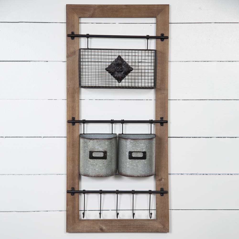 Pinnacle Metal and Wood Wall Organizer with Baskets and Hooks