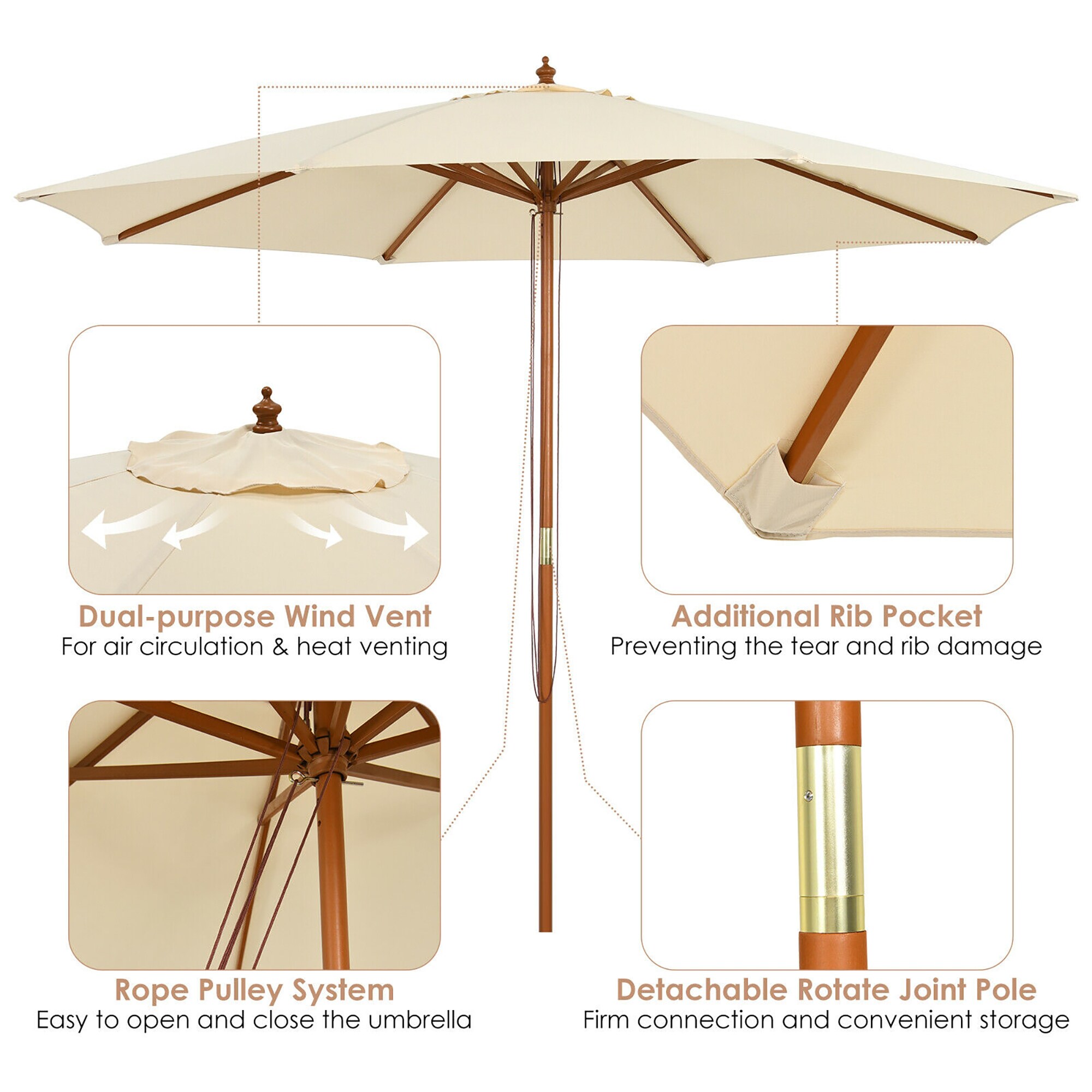 Forclover 10 ft Brown Wood Market Patio Umbrella with Bamboo Ribs