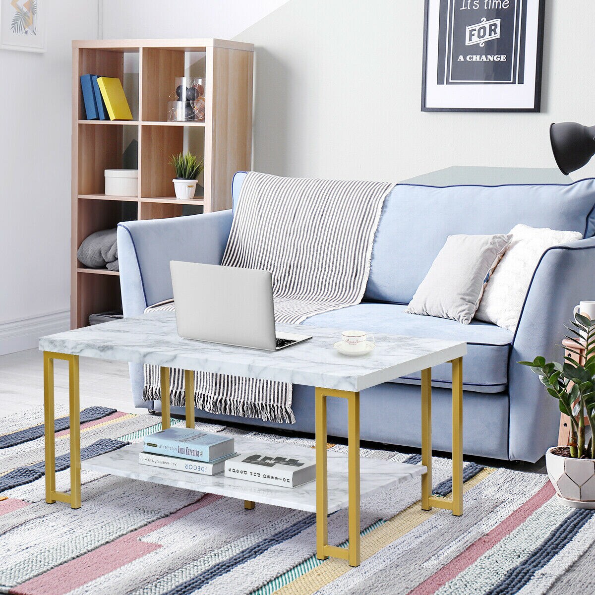Elegant 46" Rectangular Wood and Faux Marble Coffee Table with Storage