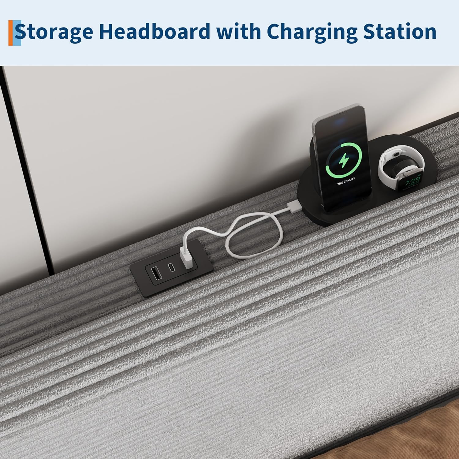 GAOMON Twin Size Bed Frame with USB Charging Station Corduroy ...