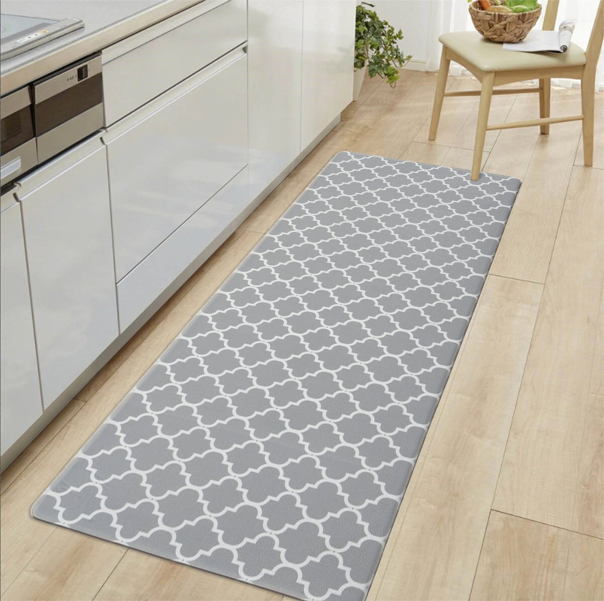 Gray and White PVC Modern Trellis Anti-Fatigue Mat 18" x 47"