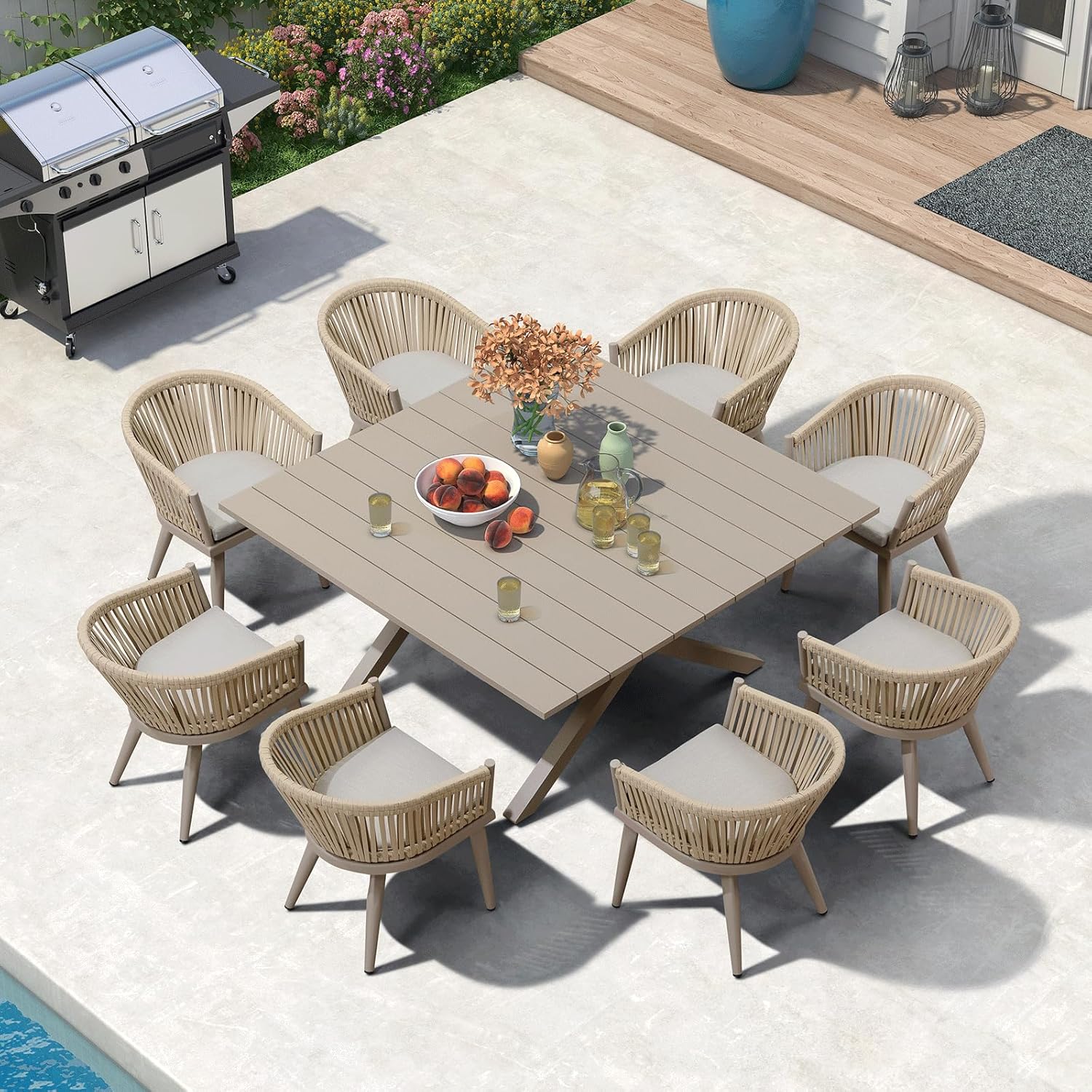 PURPLE LEAF LS03-OL09-155-CP Rattan Patio Dining Set with Aluminum Table and Cushioned Chairs