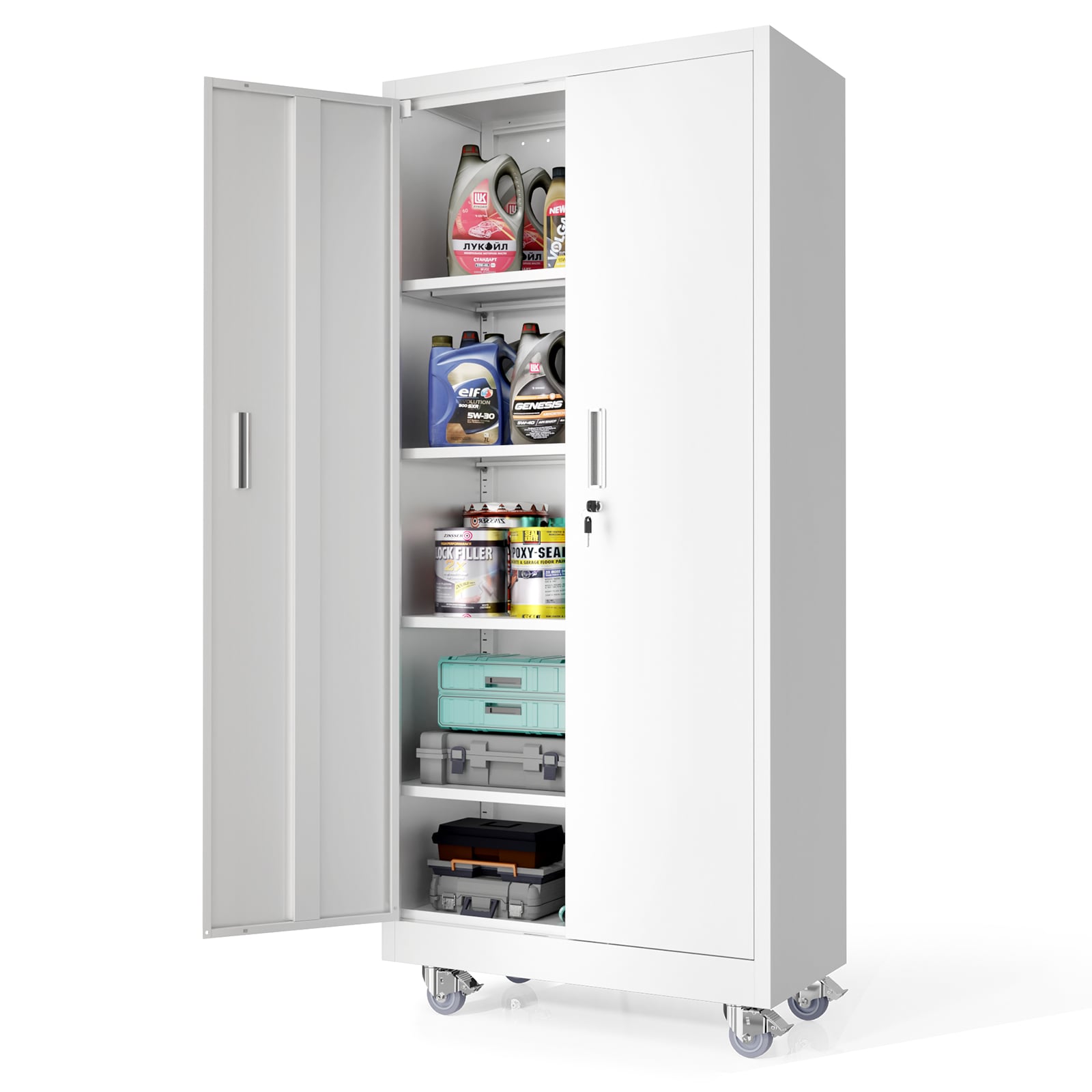 VINGLI 15.8D x 31.5W x 71H Rolling Metal Storage Cabinet with Adjustable Shelves/Tall Garage Storage Cabinet with Wheels for Garage Kitchen Home Office White