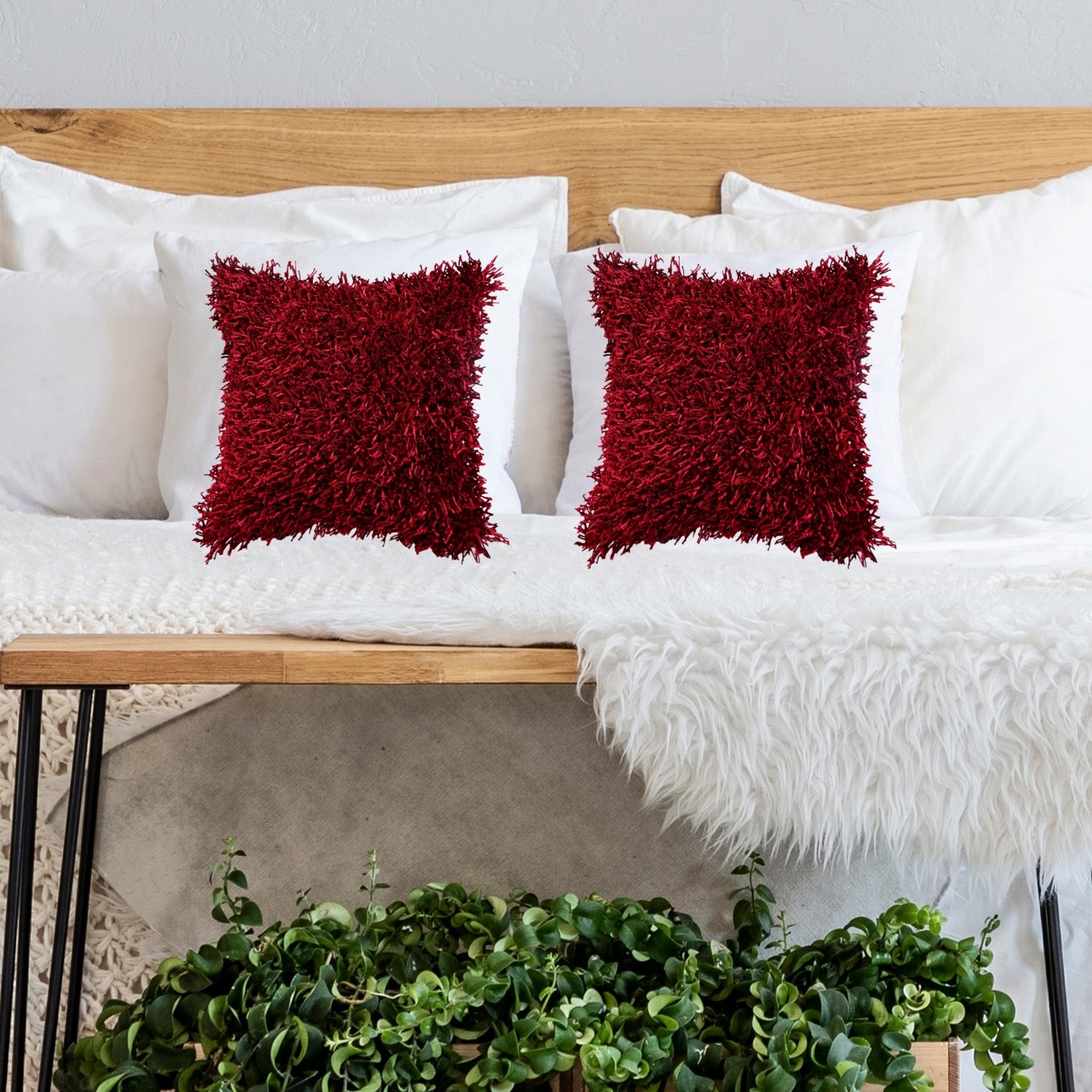 Red fluffy throw discount pillows