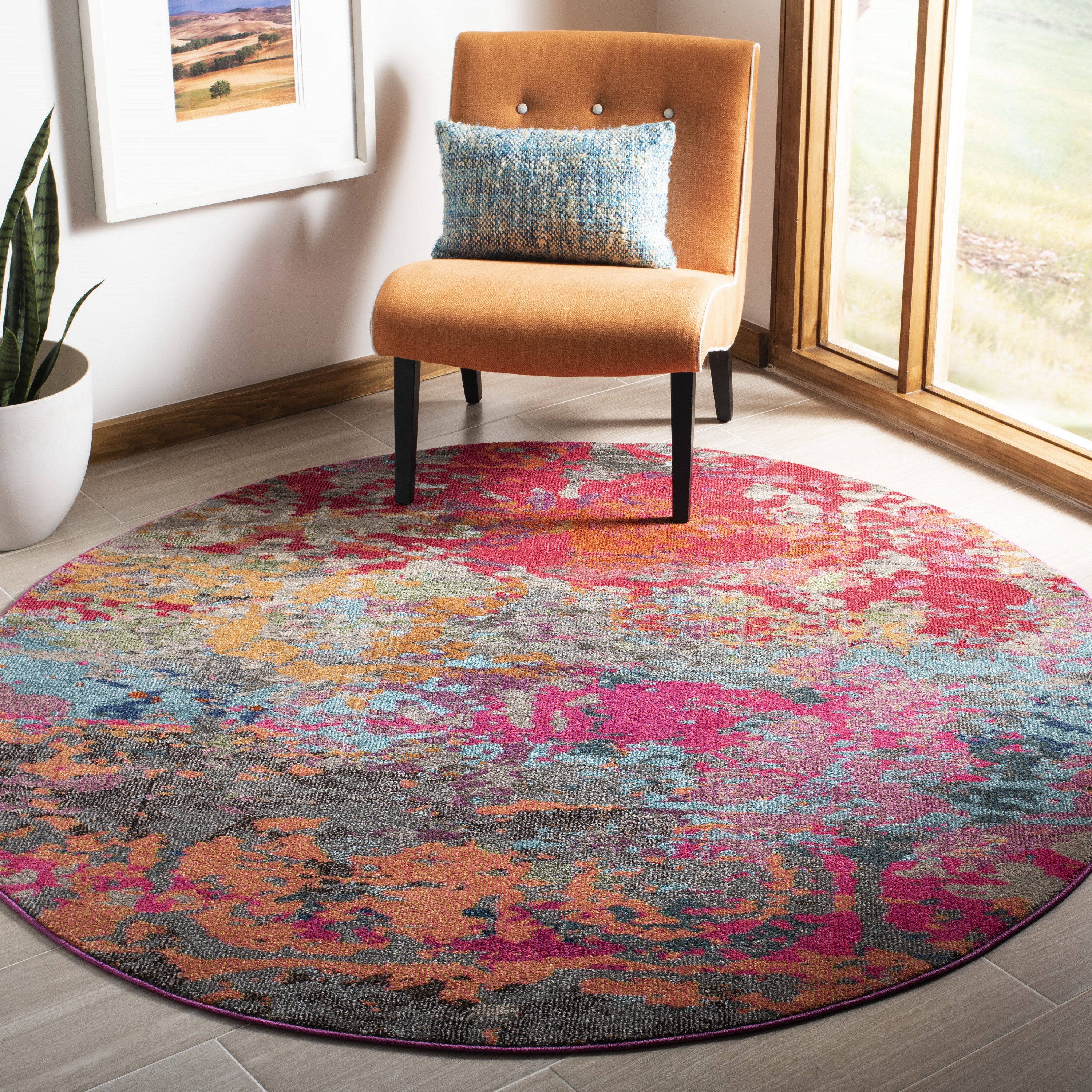 Safavieh MNC261R-7R Monaco Wendson 7 x 7 (ft) Loomed Polypropylene Fuchsia/Blue Round Indoor Distressed/Overdyed Vintage Area rug