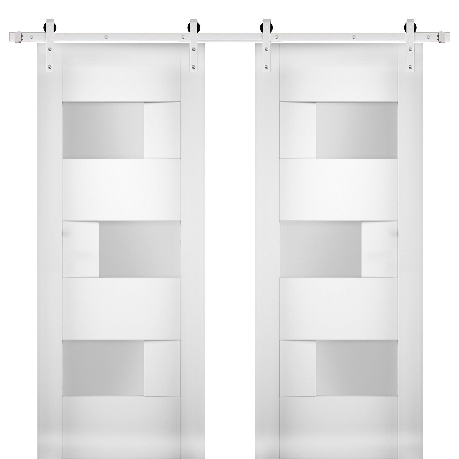 SARTODOORS SETE6933DB-S-WS-5684 28-in x 84-in White Prefinished Frosted glass Wood Solid core Double Barn Door (Hardware Included)