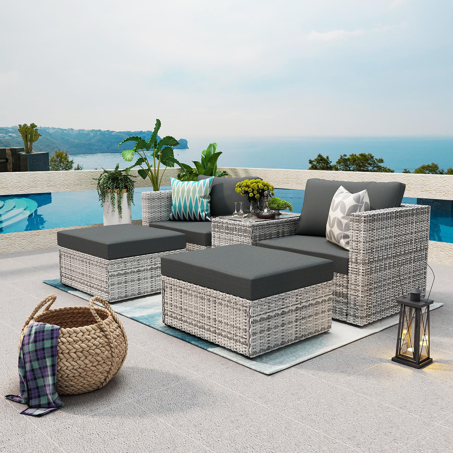 Bayfeve BFUS-401B-PDS PE Wicker Sectional Sofa Set 5 -Piece Wicker Patio Conversation Set with Gray Cushions