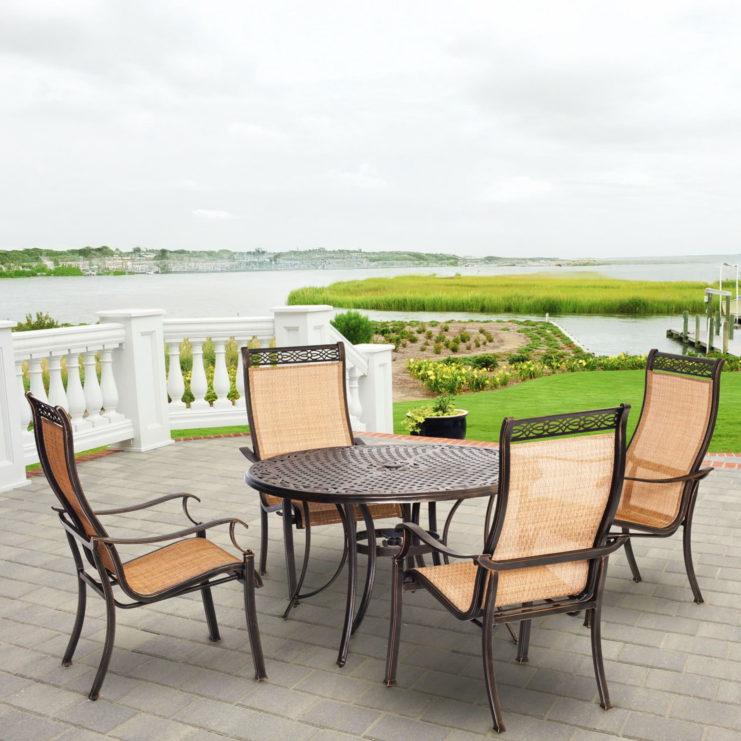 Hanover MANDN5PC Manor 5 -Piece Bronze Patio Dining Set Aluminum Round Table with 4 Tan Stationary Chairs