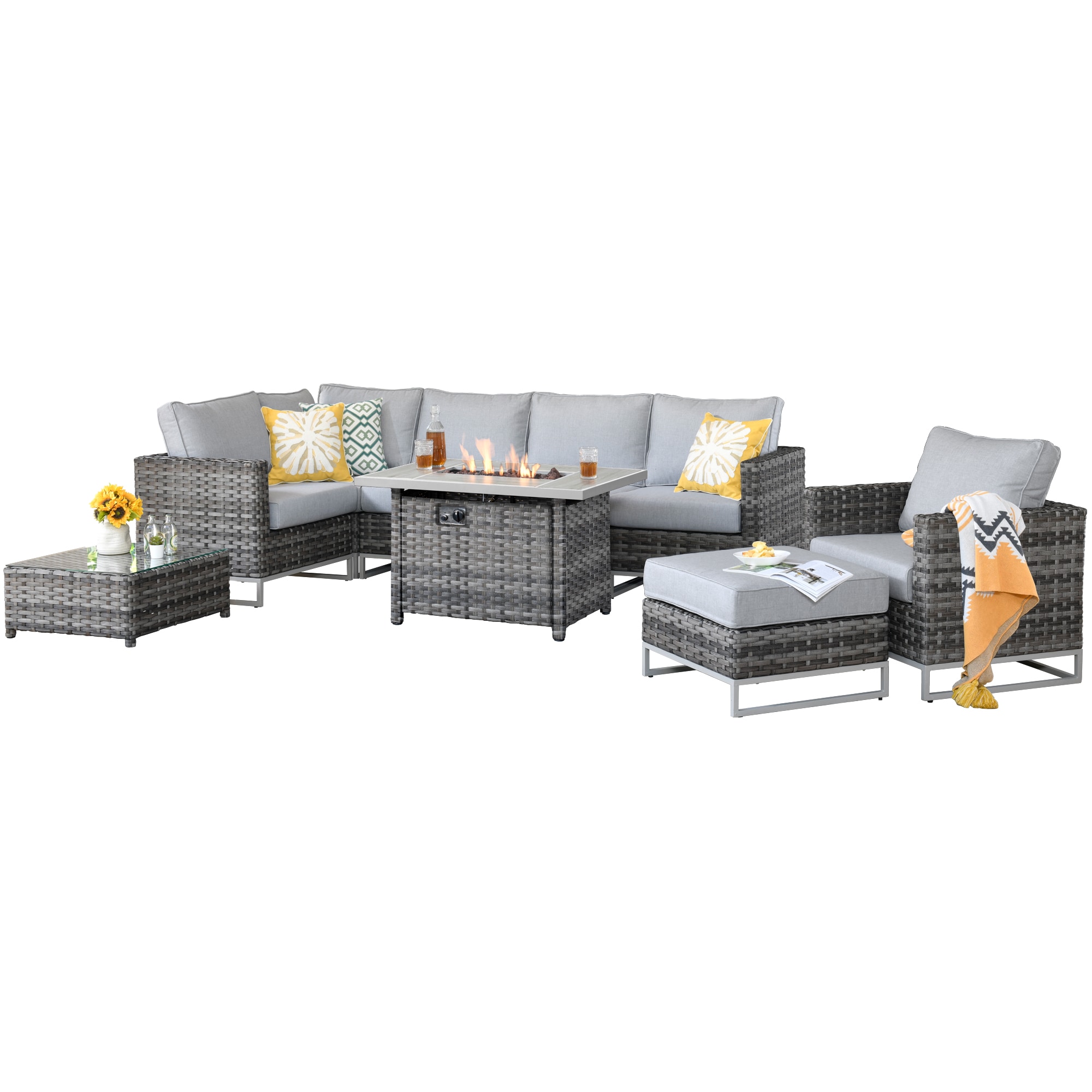 Pouuin SFPGNTC708 8-Piece Rattan Patio Conversation Set with Blue Cushions