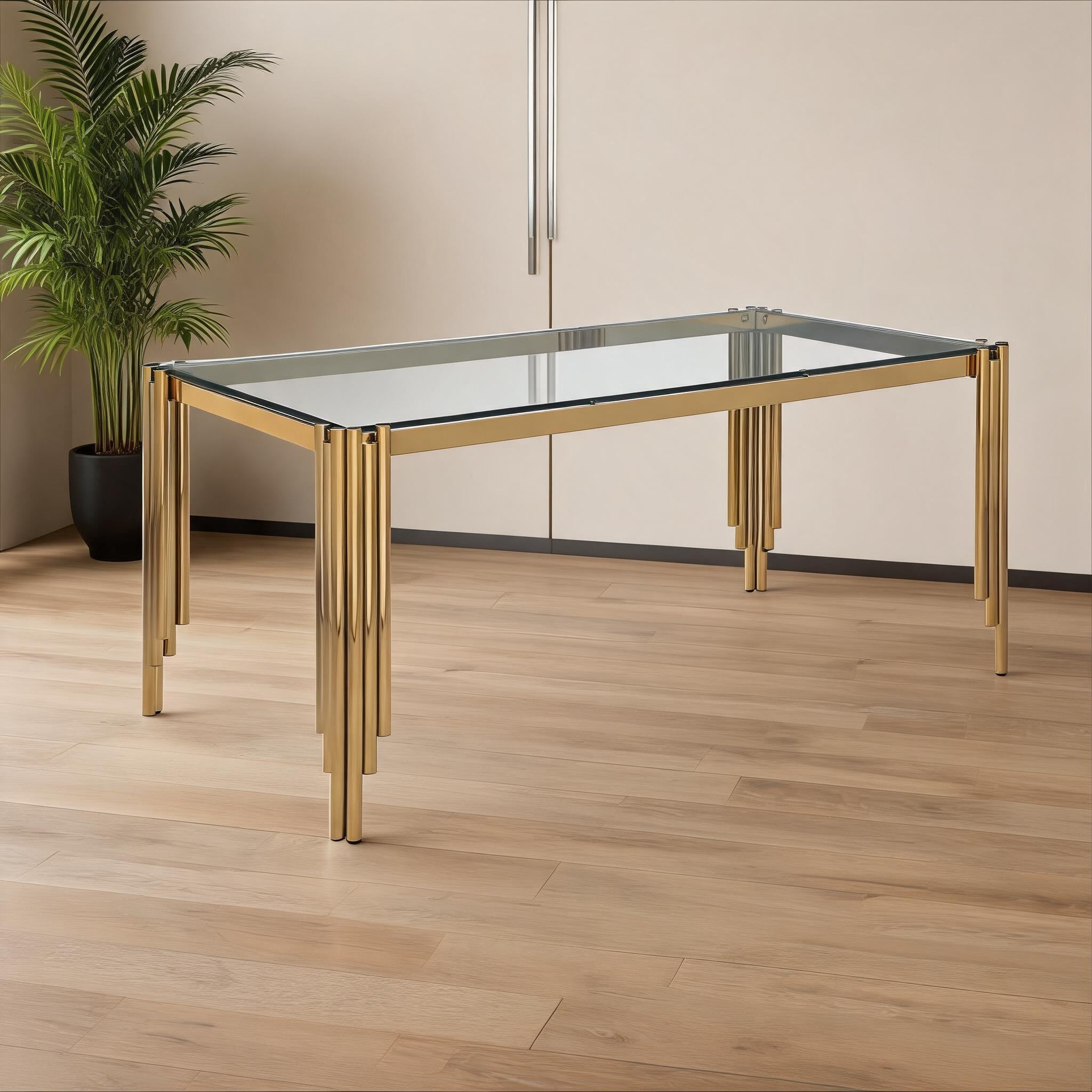 Watnature Tempered Glass 4-Seat Dining Table Luxury Contemporary Style with Polished Golden Metal Frame #AO2VUB41QGOA