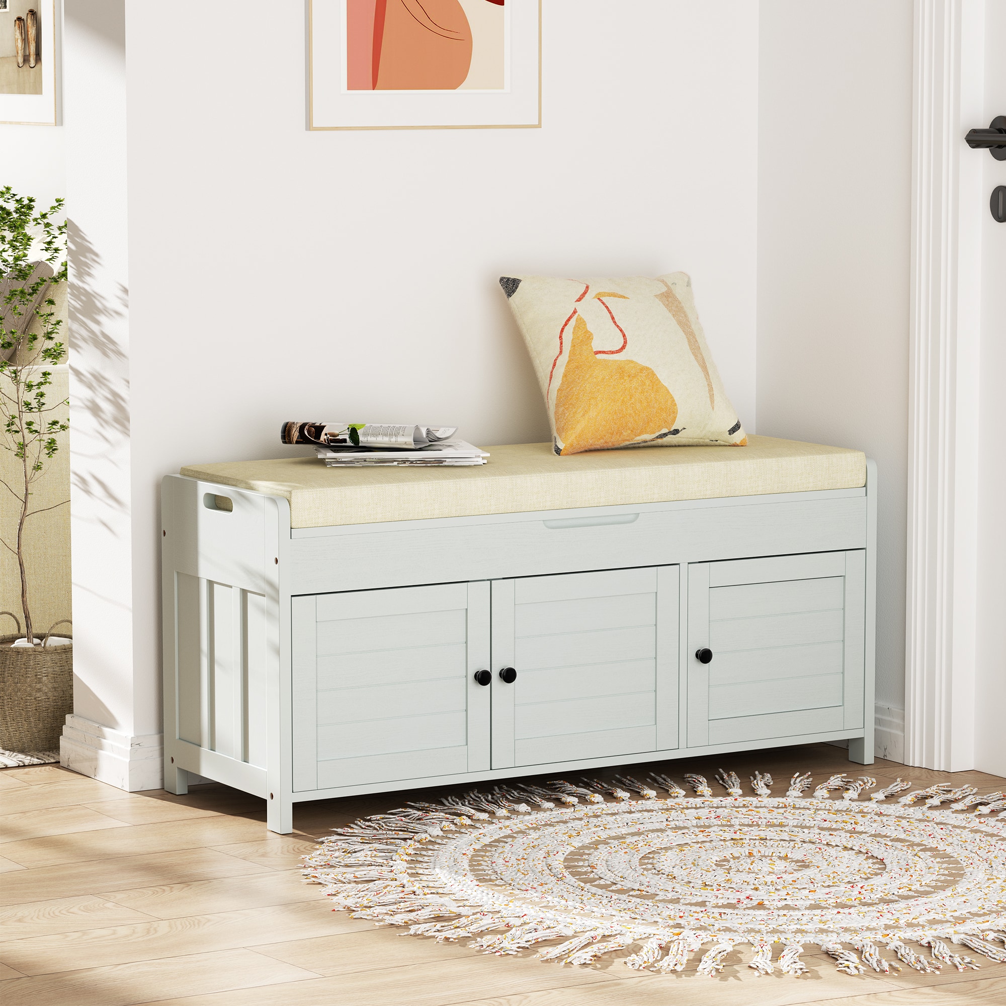 LOVMOR B0600051DA-YCM 43.5-in W x 20-in H x 16-in D Gray Storage Bench for Entryway with Cushion and Hidden Storage
