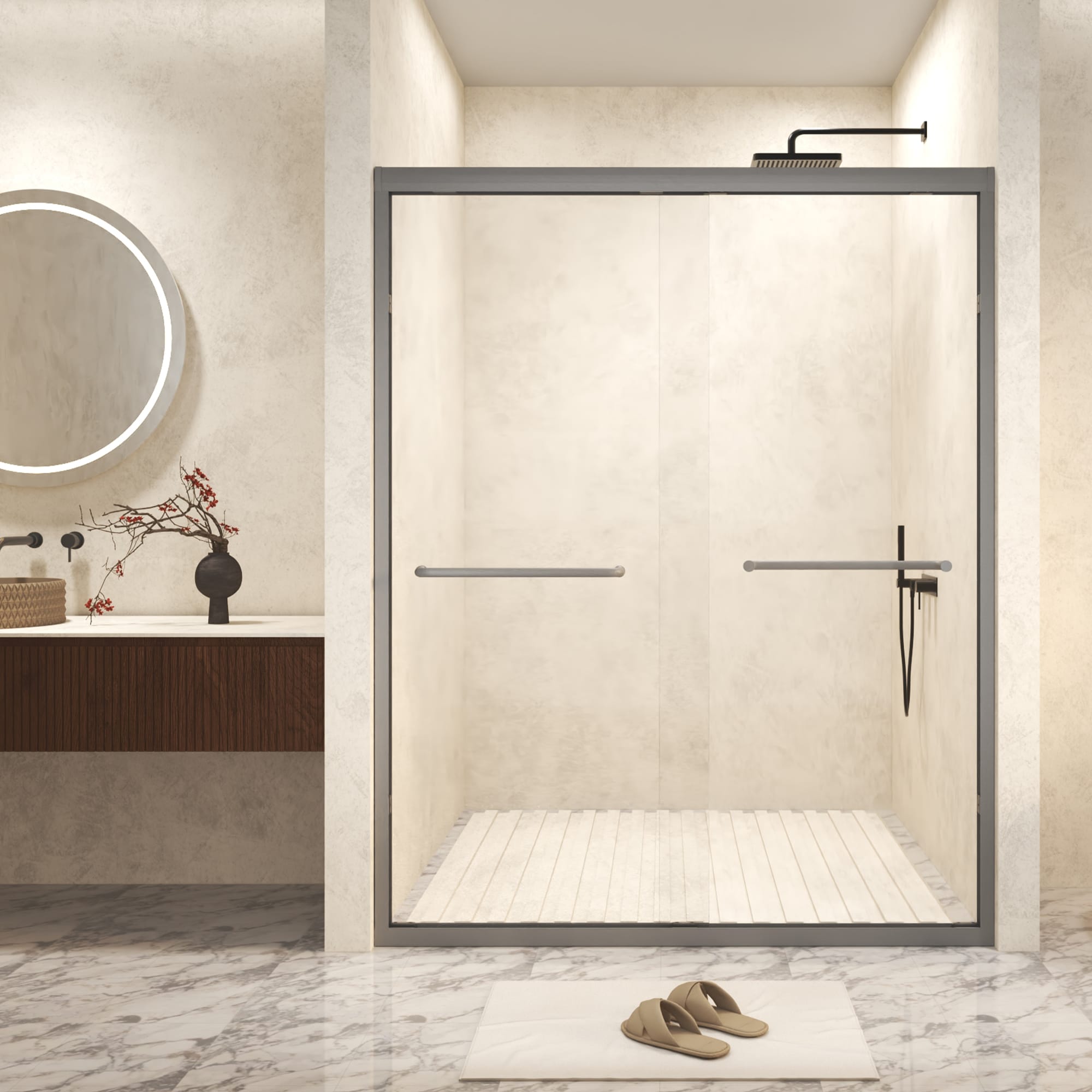 Lordear HMS-LD-6A22-1-606CH LD shower door Gun Ash 56-in to 60-in W x 72-in H Framed Sliding Soft Close Shower door 1/4-in Thick Clear Glass