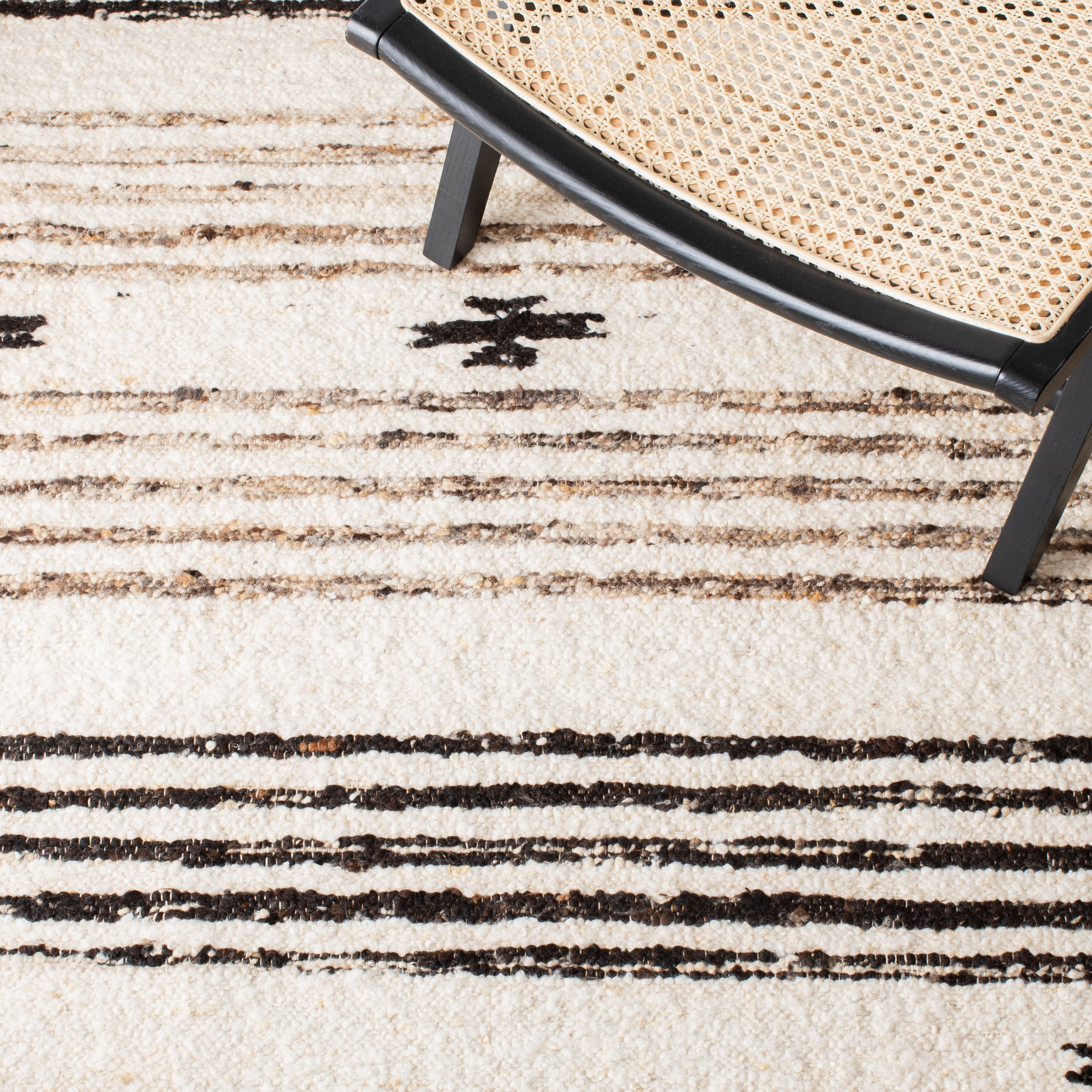 Handmade Black and Ivory Wool Cotton Striped Rug, 5' x 8'