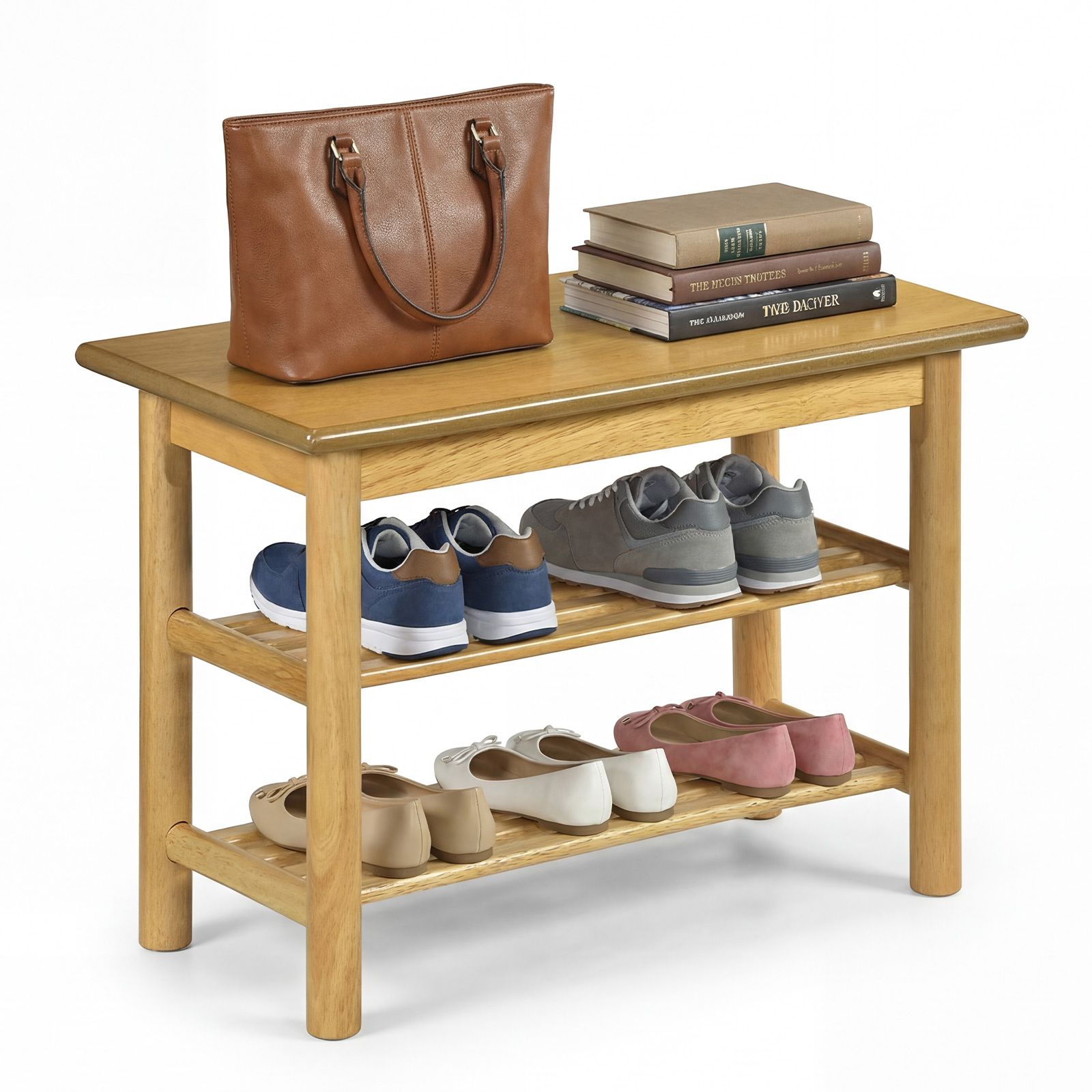 Slickblue Modern Entryway 3 Tier Wooden Bench With Slatted Storage Shelves for Hallway or Bedroom